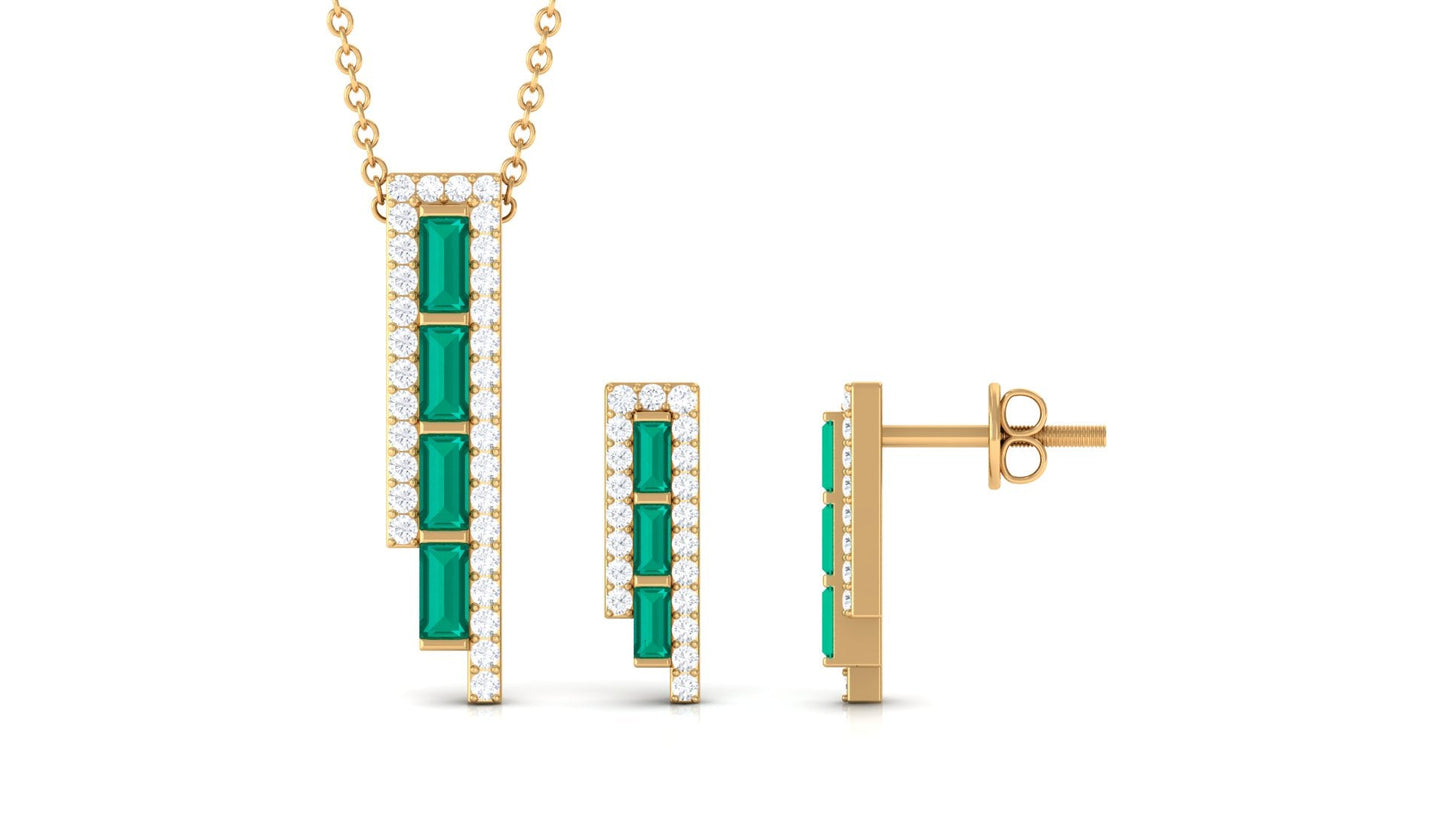 1.75 CT Baguette Cut Emerald Designer Bar Jewelry Set with Diamond
