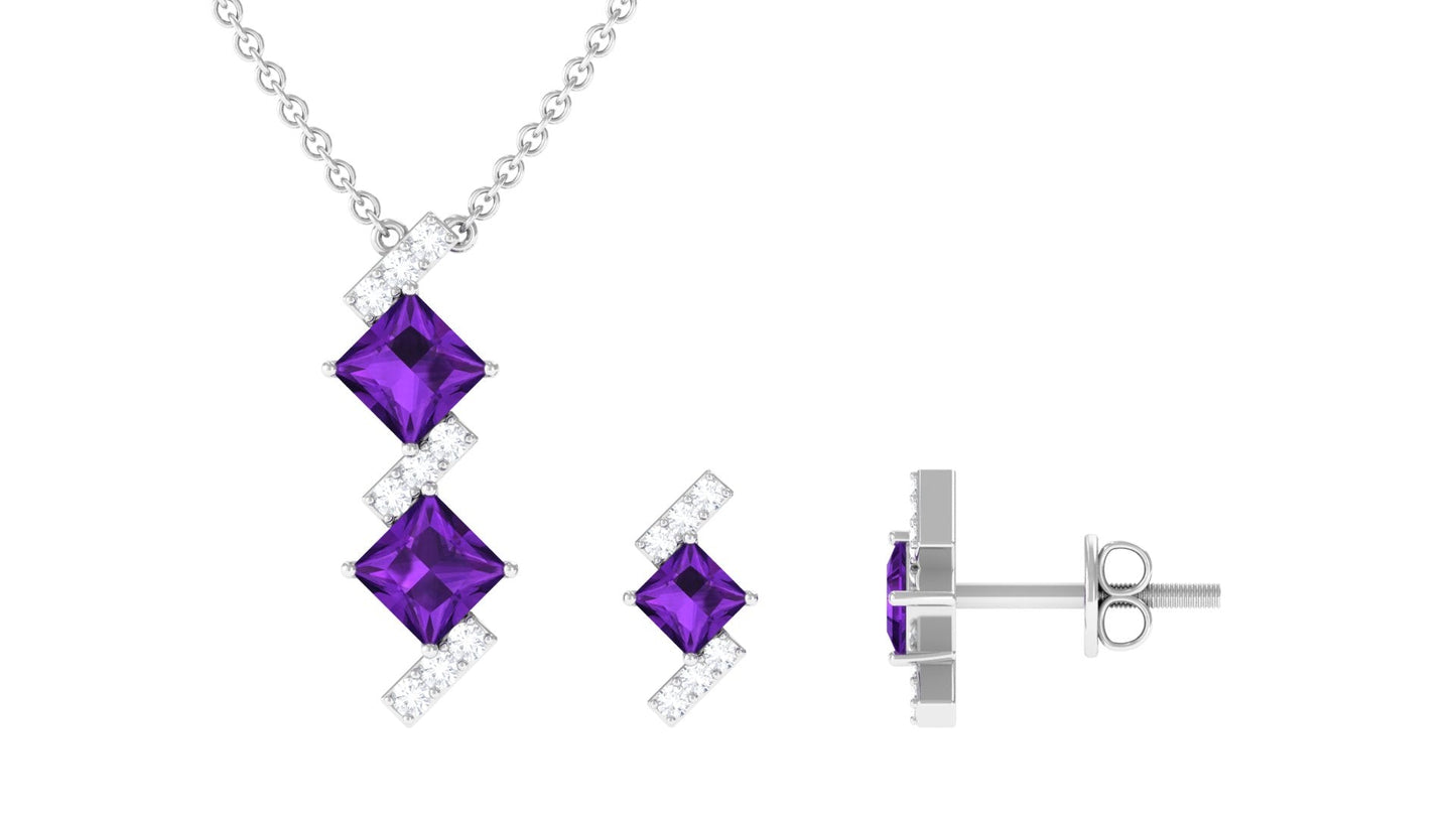 Natural Princess Cut Amethyst Diamond Jewelry Set for Women