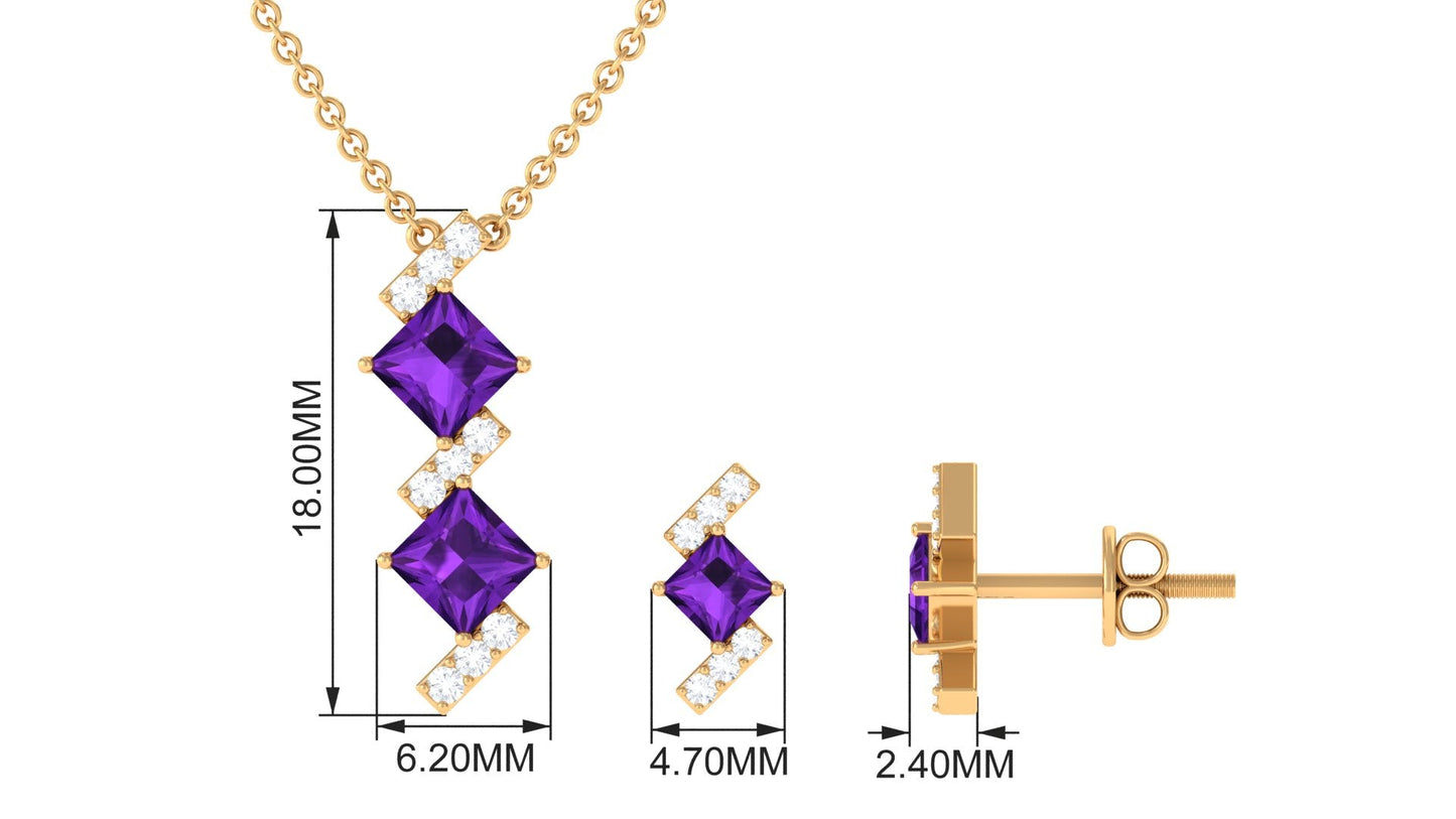 Natural Princess Cut Amethyst Diamond Jewelry Set for Women
