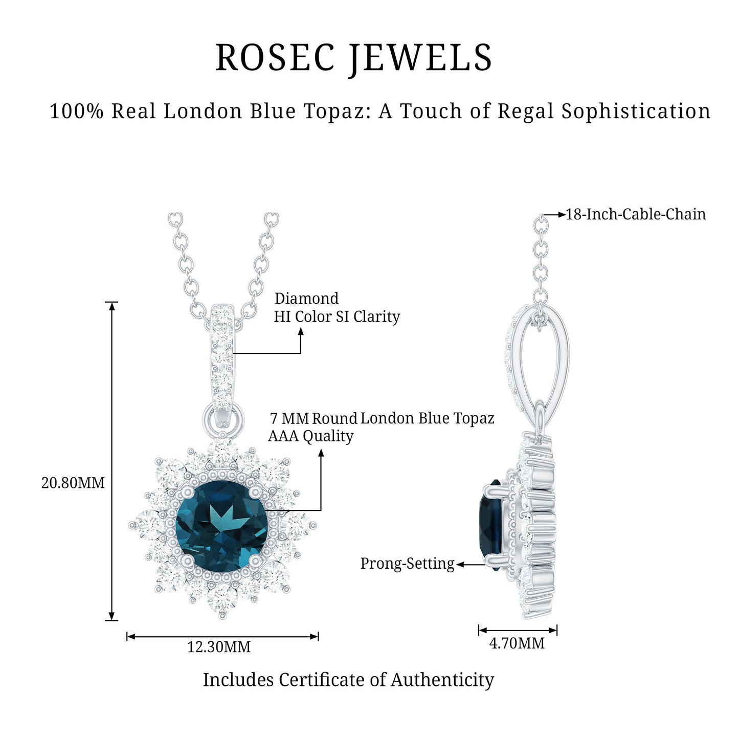 Round London Blue Topaz Halo Pendant with Diamond and Beaded Details