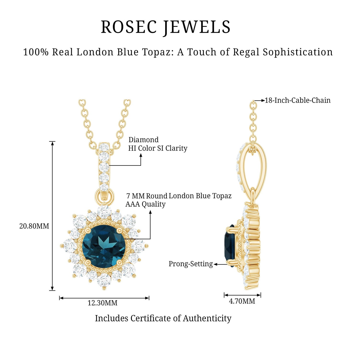 Round London Blue Topaz Halo Pendant with Diamond and Beaded Details