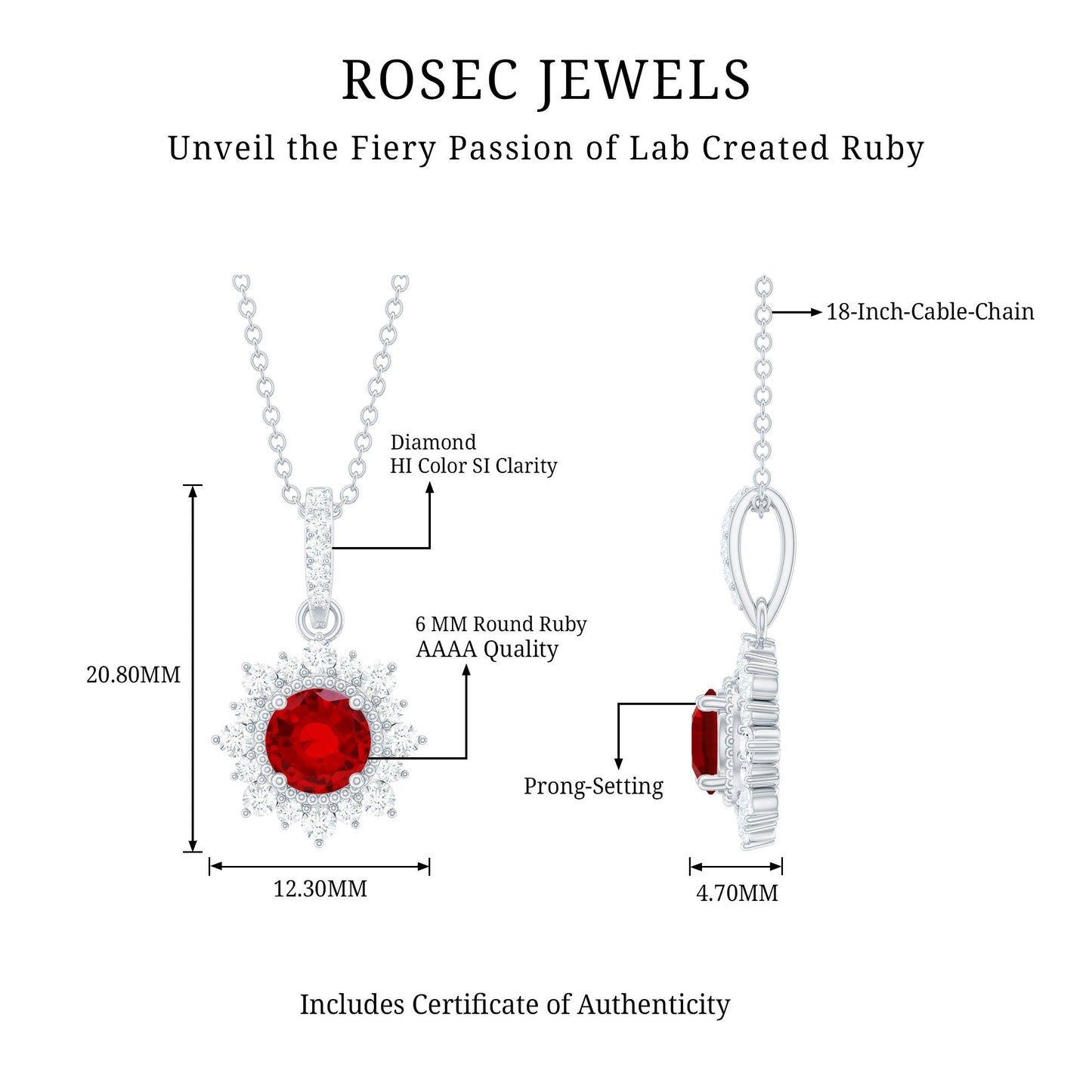 Round Created Ruby Halo Pendant with Diamond Accent Bail