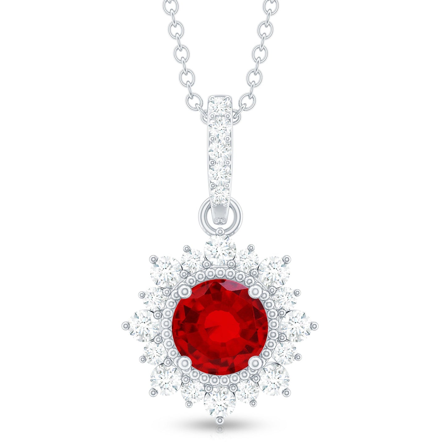 Round Created Ruby Halo Pendant with Diamond Accent Bail
