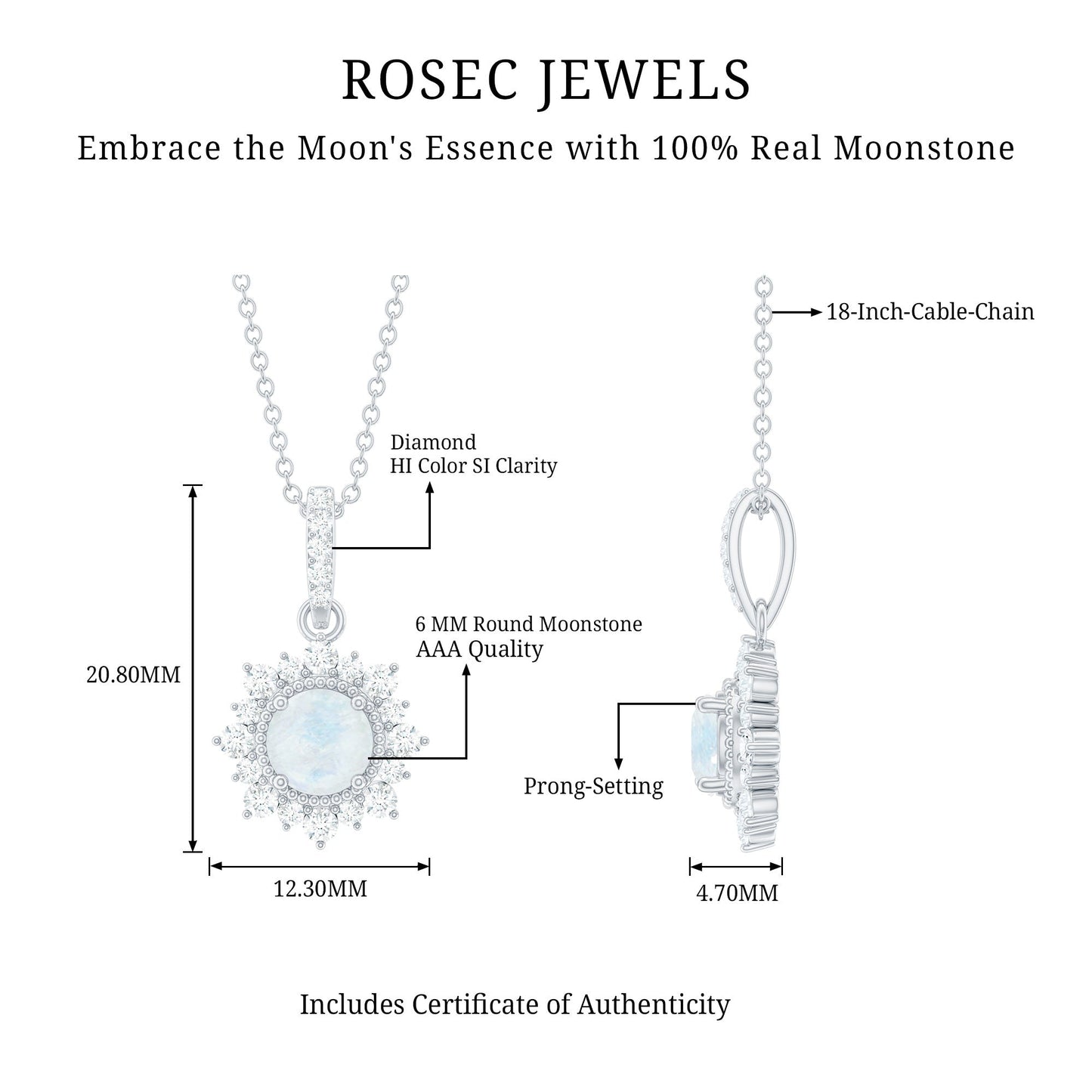 6MM Round Moonstone Halo Pendant with Diamond Bail