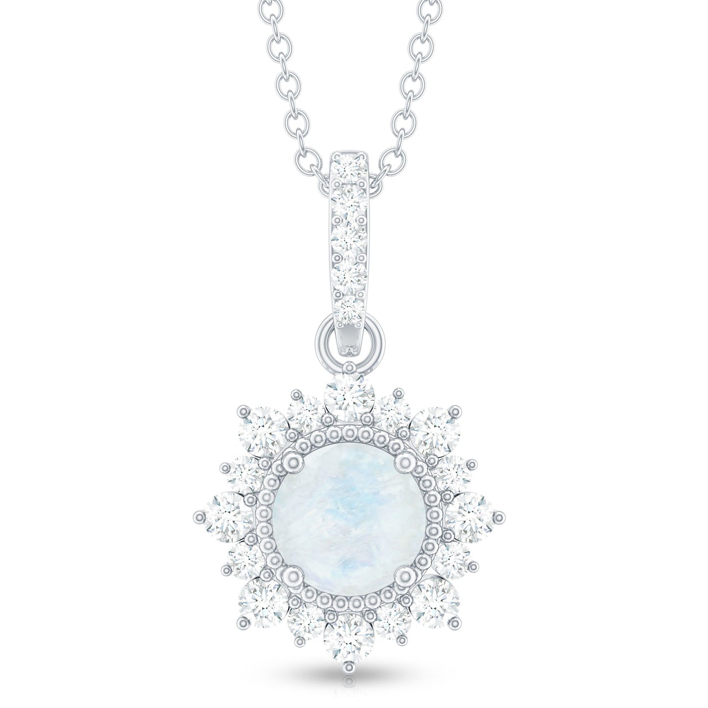 6MM Round Moonstone Halo Pendant with Diamond Bail