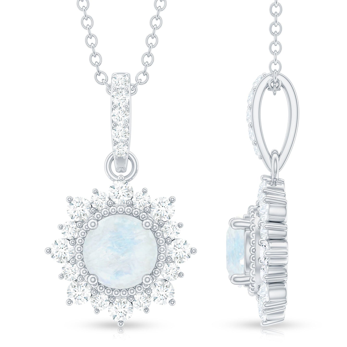 6MM Round Moonstone Halo Pendant with Diamond Bail
