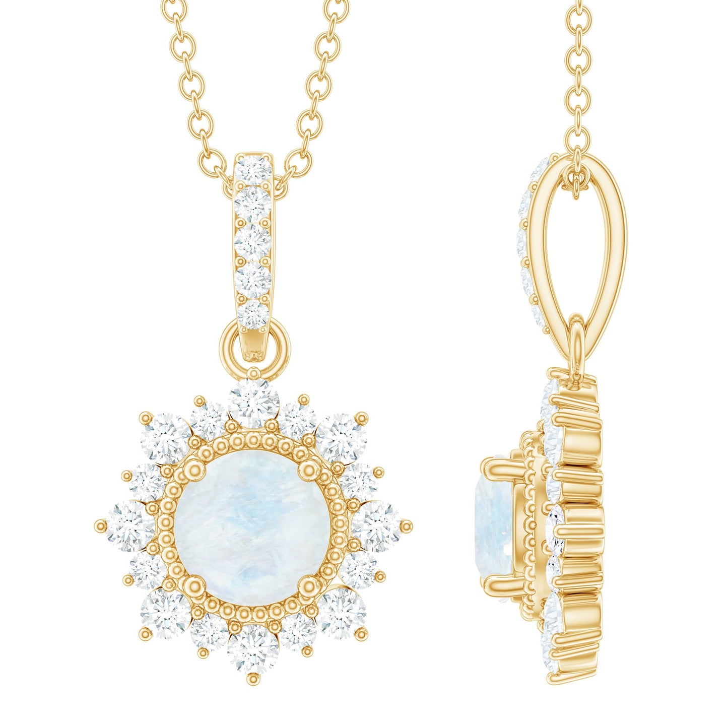 6MM Round Moonstone Halo Pendant with Diamond Bail