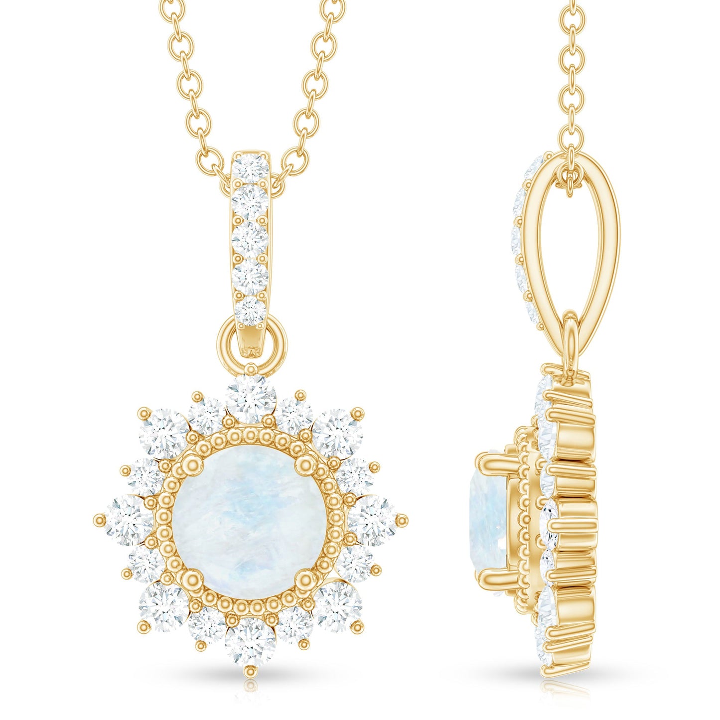 6MM Round Moonstone Halo Pendant with Diamond Bail