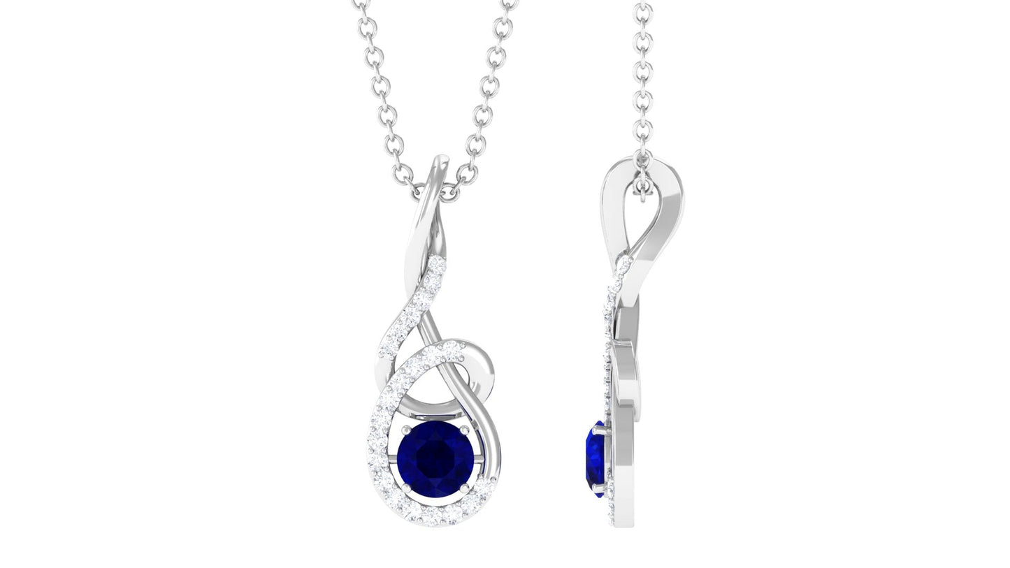 Real 1 Carat Blue Sapphire Twisted Pendant Necklace with Diamond