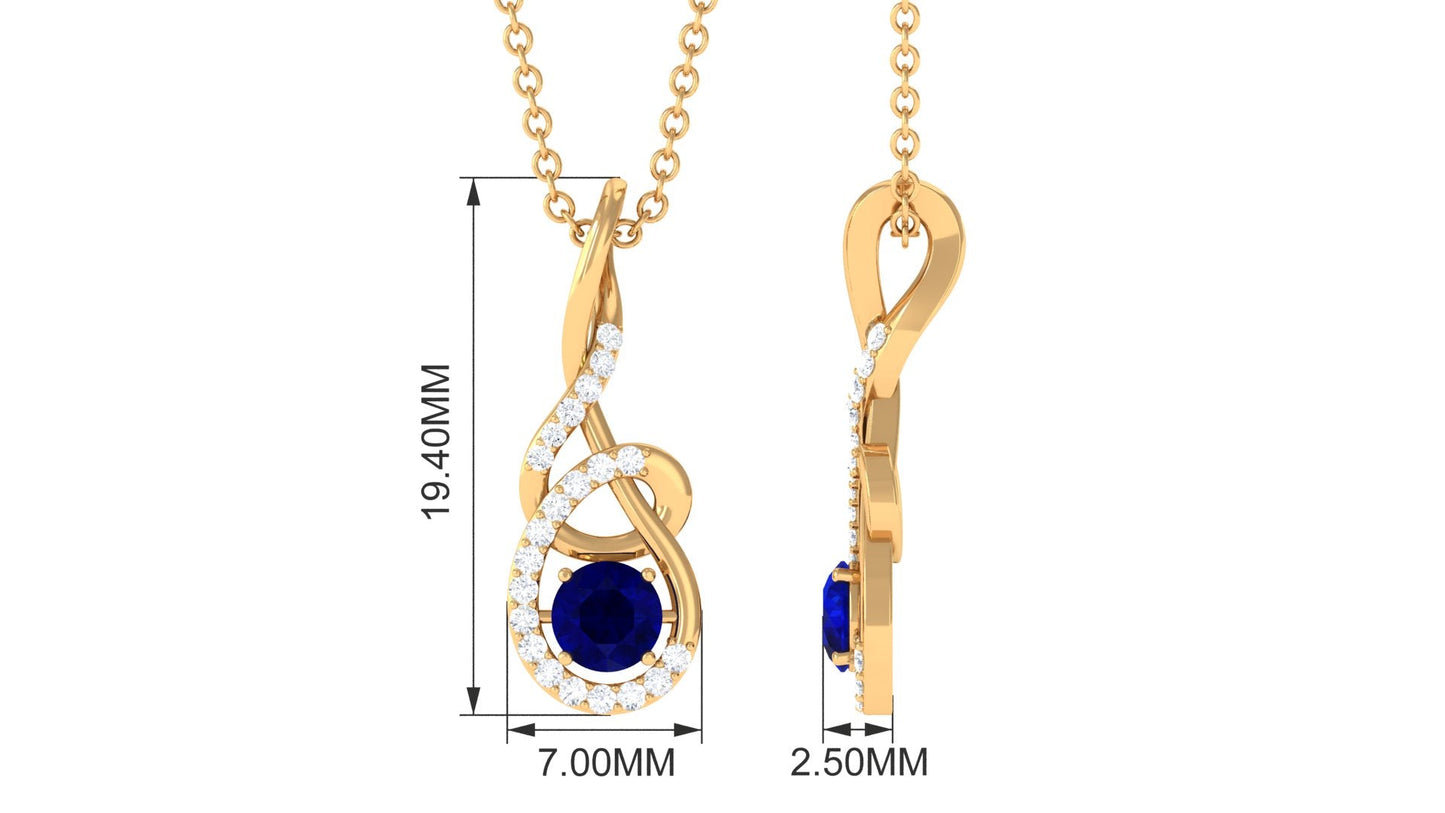 Real 1 Carat Blue Sapphire Twisted Pendant Necklace with Diamond
