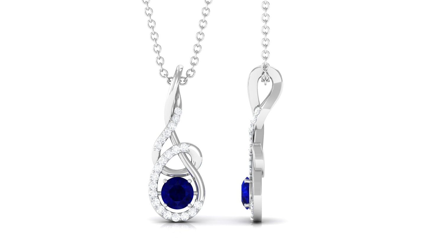Real 1 Carat Blue Sapphire Twisted Pendant Necklace with Diamond