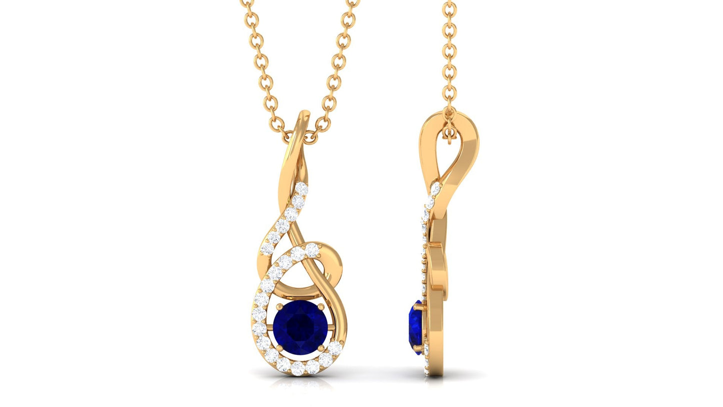 Real 1 Carat Blue Sapphire Twisted Pendant Necklace with Diamond