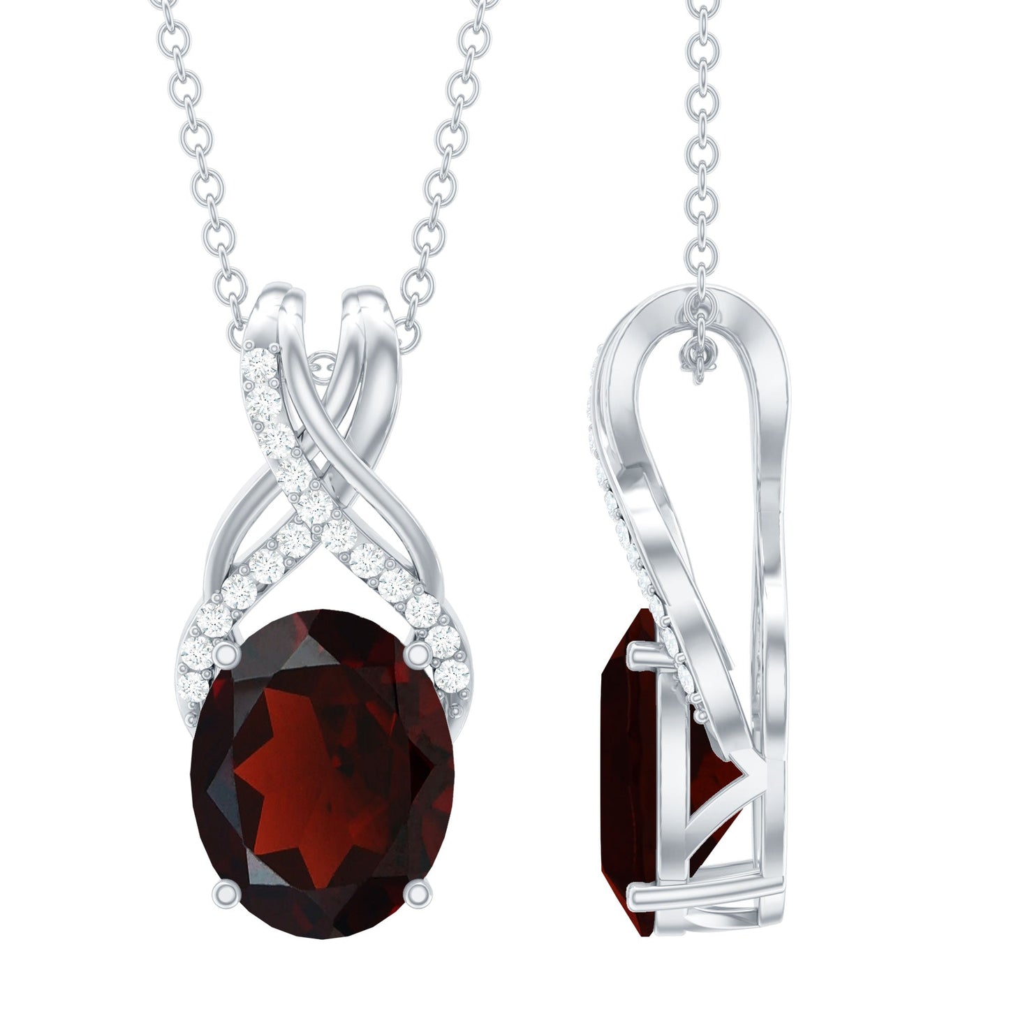 3.6 Carat Oval Shape Garnet Solitaire Twisted Bail Pendant Necklace with Diamond