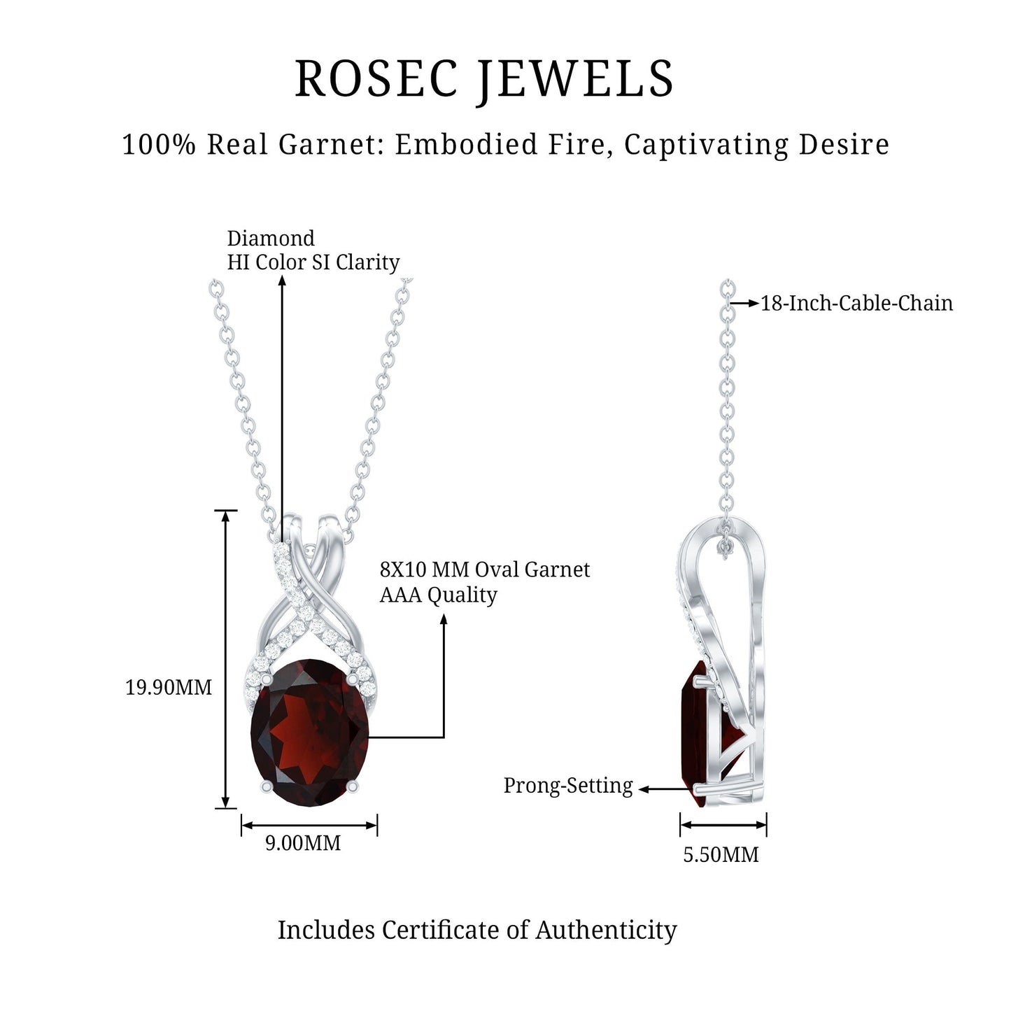 3.6 Carat Oval Shape Garnet Solitaire Twisted Bail Pendant Necklace with Diamond