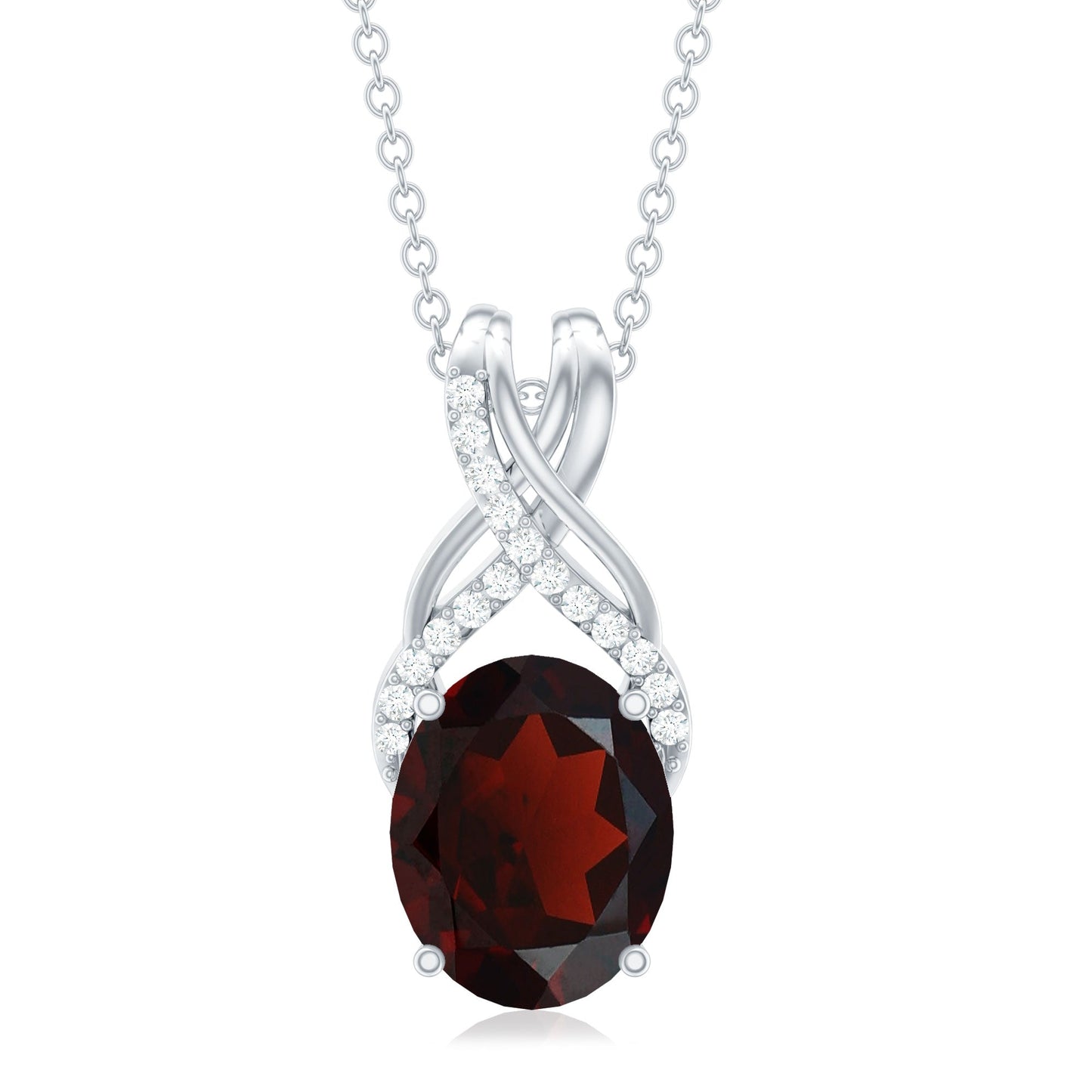 3.6 Carat Oval Shape Garnet Solitaire Twisted Bail Pendant Necklace with Diamond