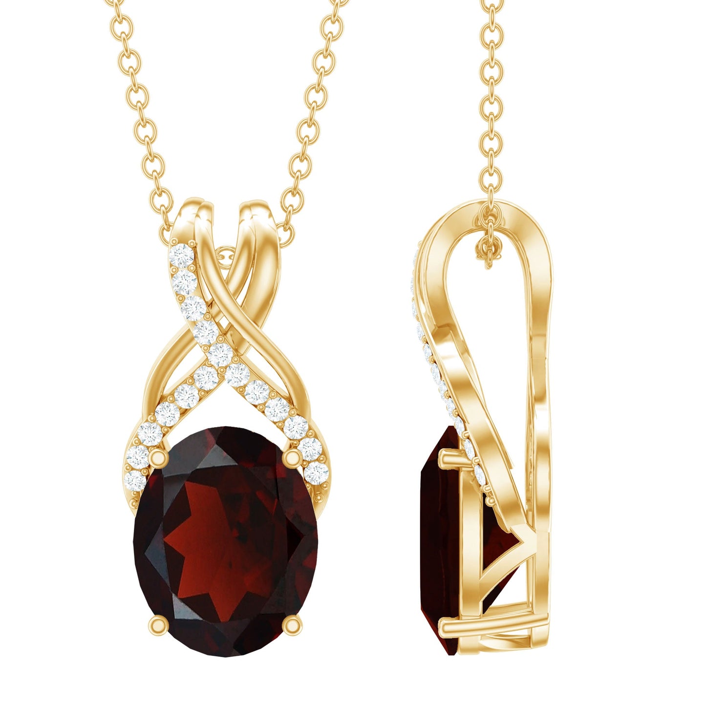 3.6 Carat Oval Shape Garnet Solitaire Twisted Bail Pendant Necklace with Diamond