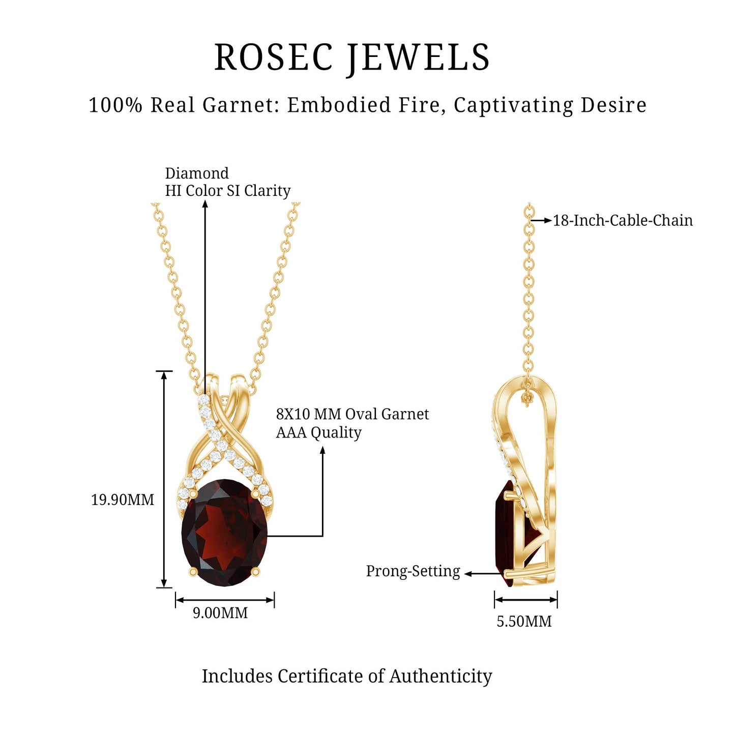 3.6 Carat Oval Shape Garnet Solitaire Twisted Bail Pendant Necklace with Diamond