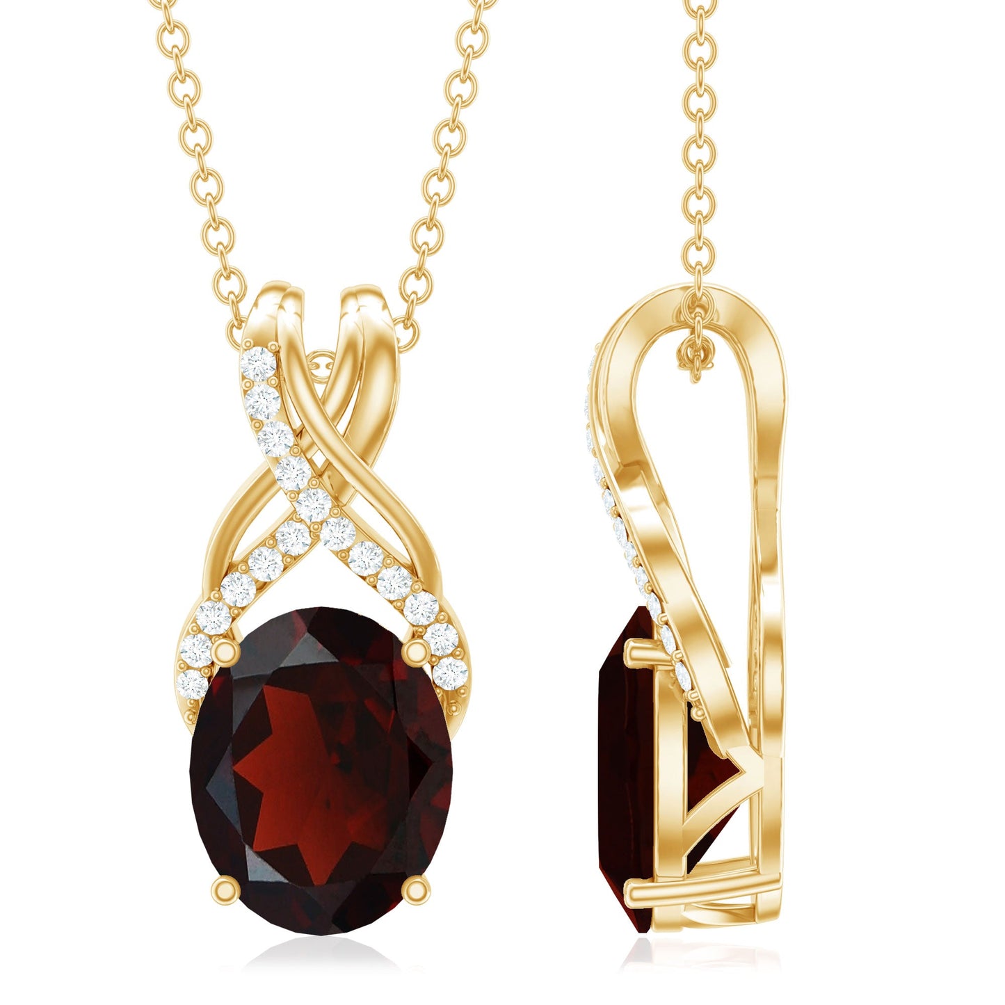3.6 Carat Oval Shape Garnet Solitaire Twisted Bail Pendant Necklace with Diamond
