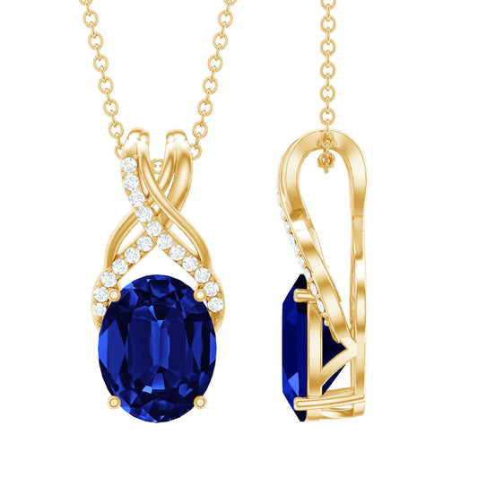 4 Carat Oval Lab Created Blue Sapphire Necklace with Diamond Twisted Bail