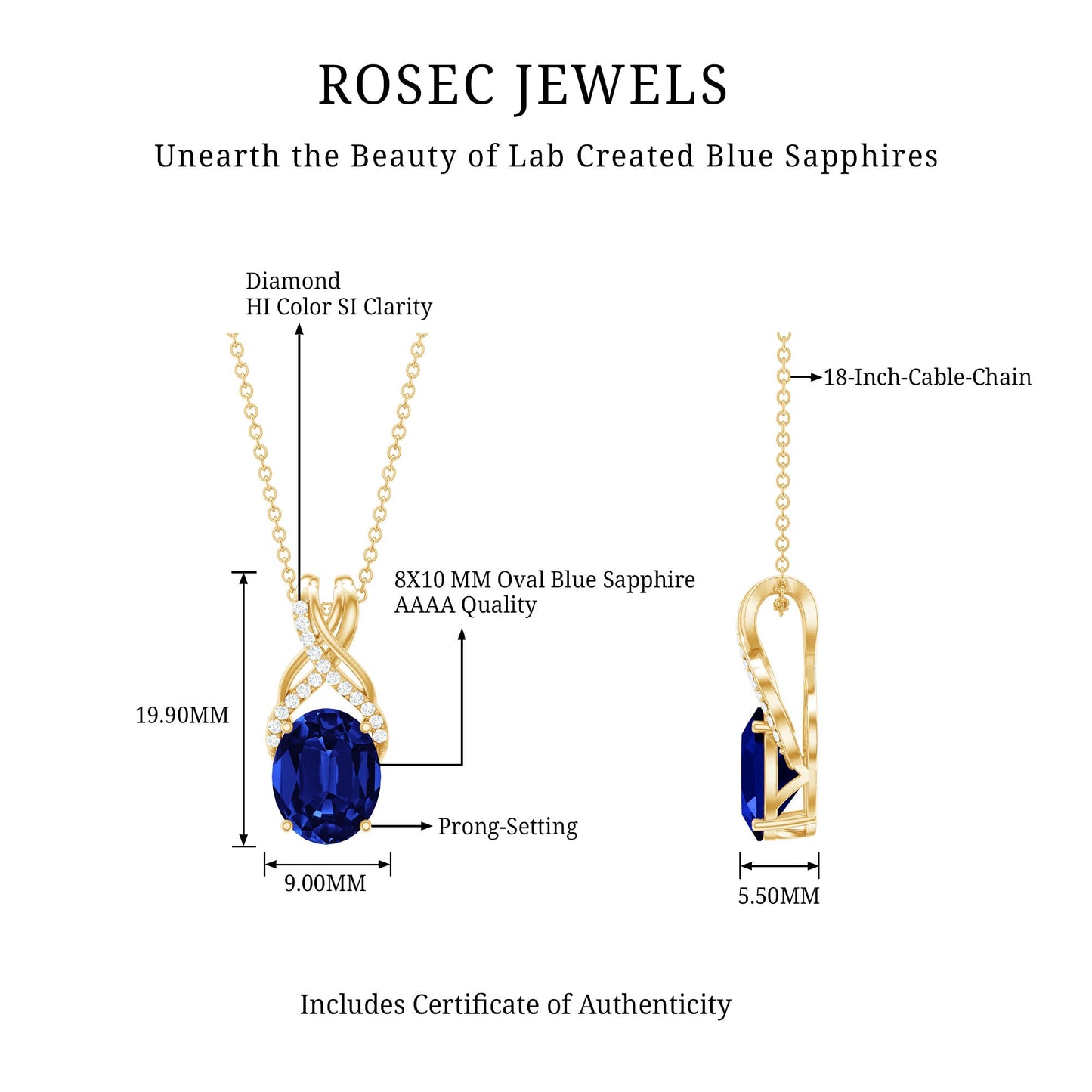 4 Carat Oval Lab Created Blue Sapphire Necklace with Diamond Twisted Bail