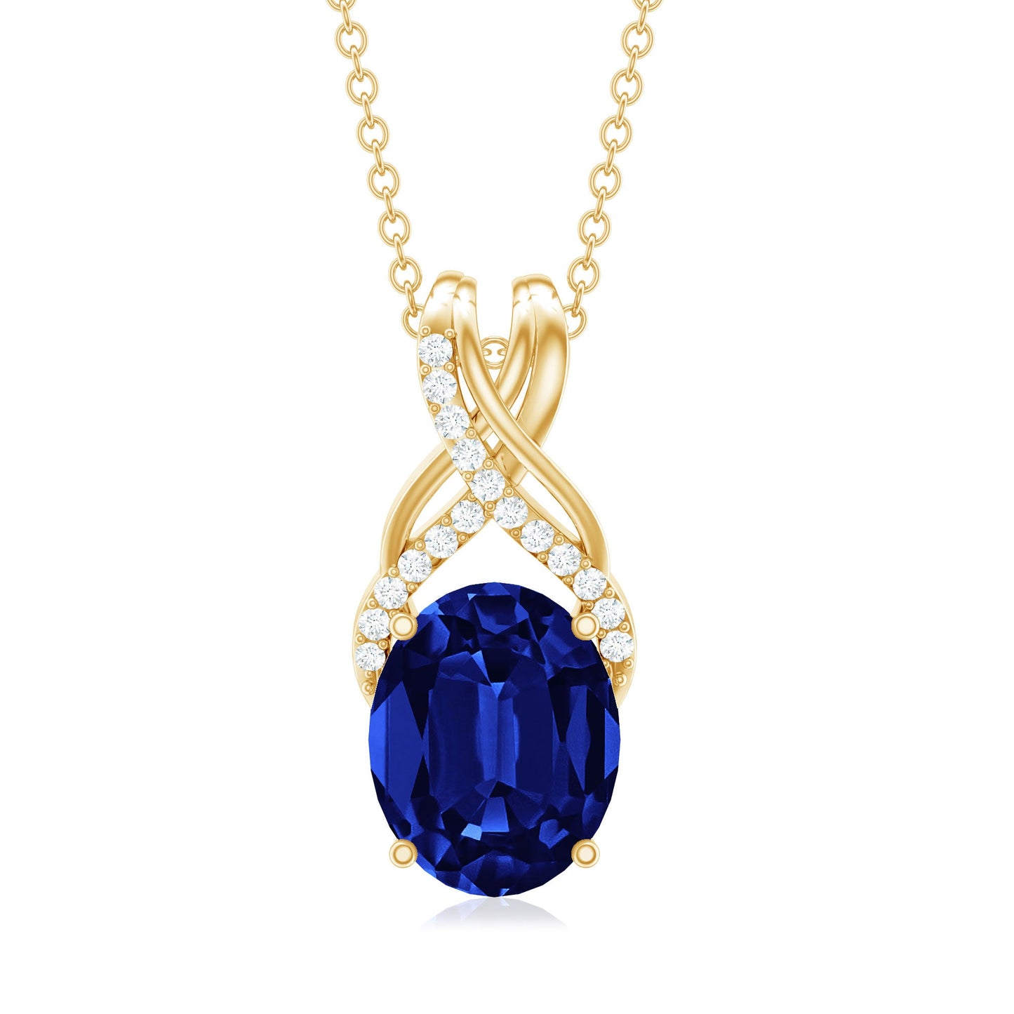 4 Carat Oval Lab Created Blue Sapphire Necklace with Diamond Twisted Bail
