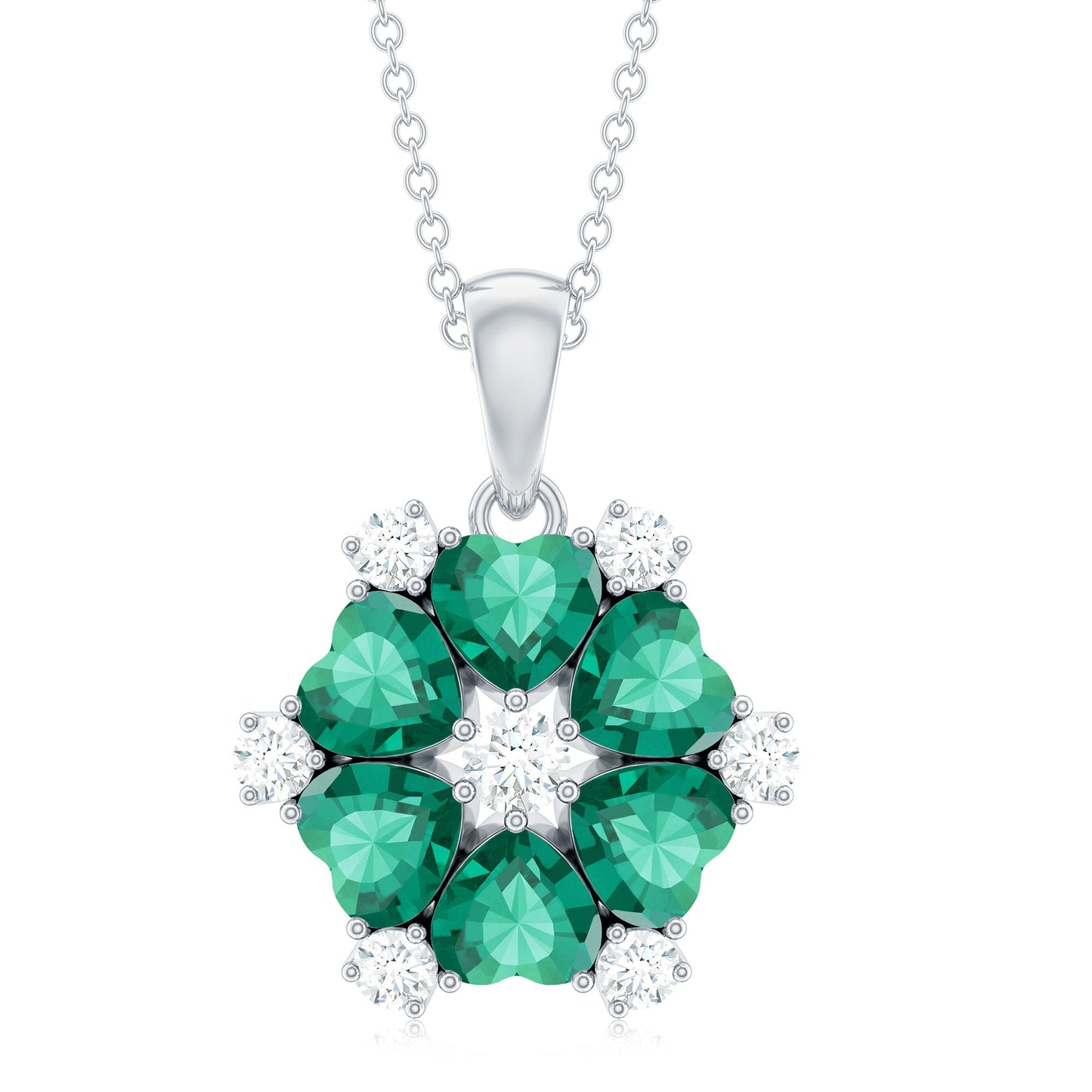 2 CT Heart Shape Created Emerald and Diamond Flower Pendant
