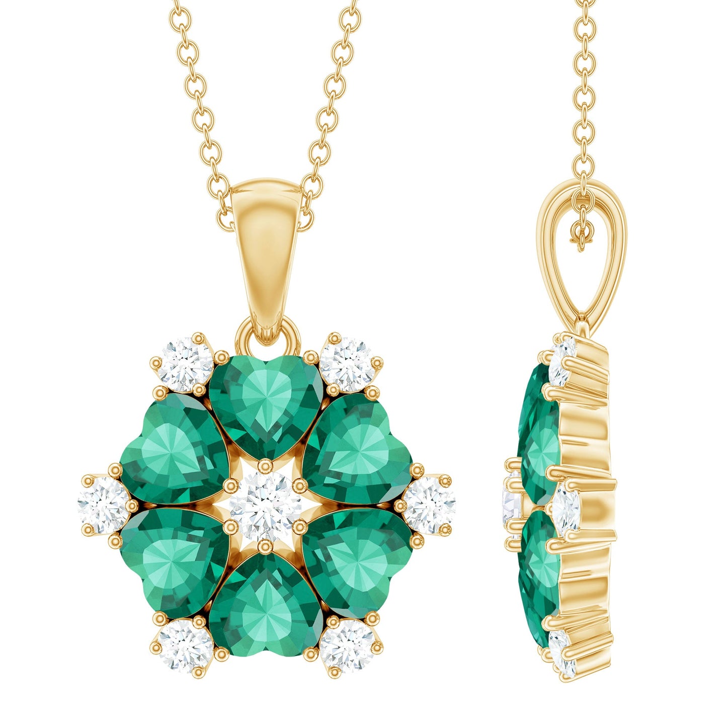 2 CT Heart Shape Created Emerald and Diamond Flower Pendant
