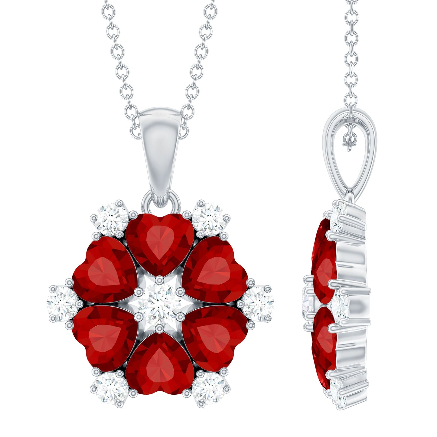 3 CT Heart Shape Created Ruby and Diamond Flower Pendant
