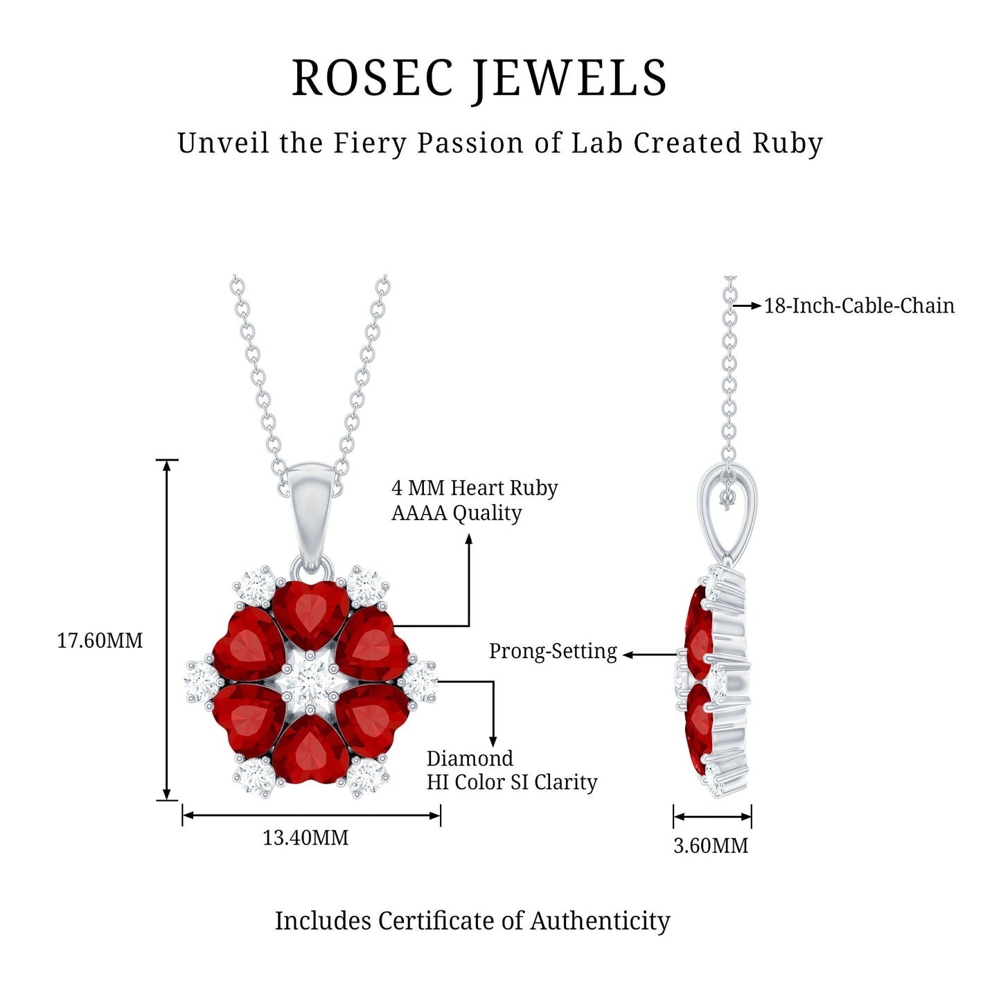 3 CT Heart Shape Created Ruby and Diamond Flower Pendant