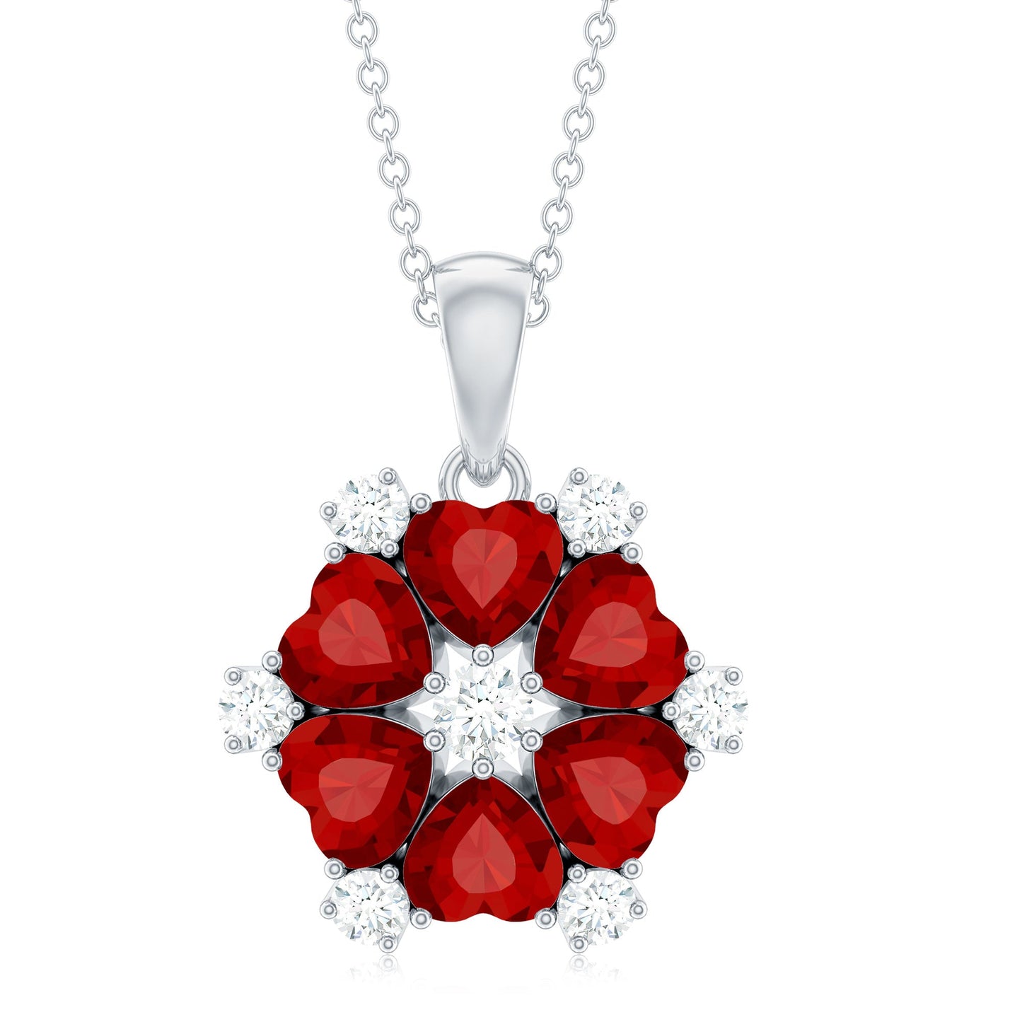 3 CT Heart Shape Created Ruby and Diamond Flower Pendant