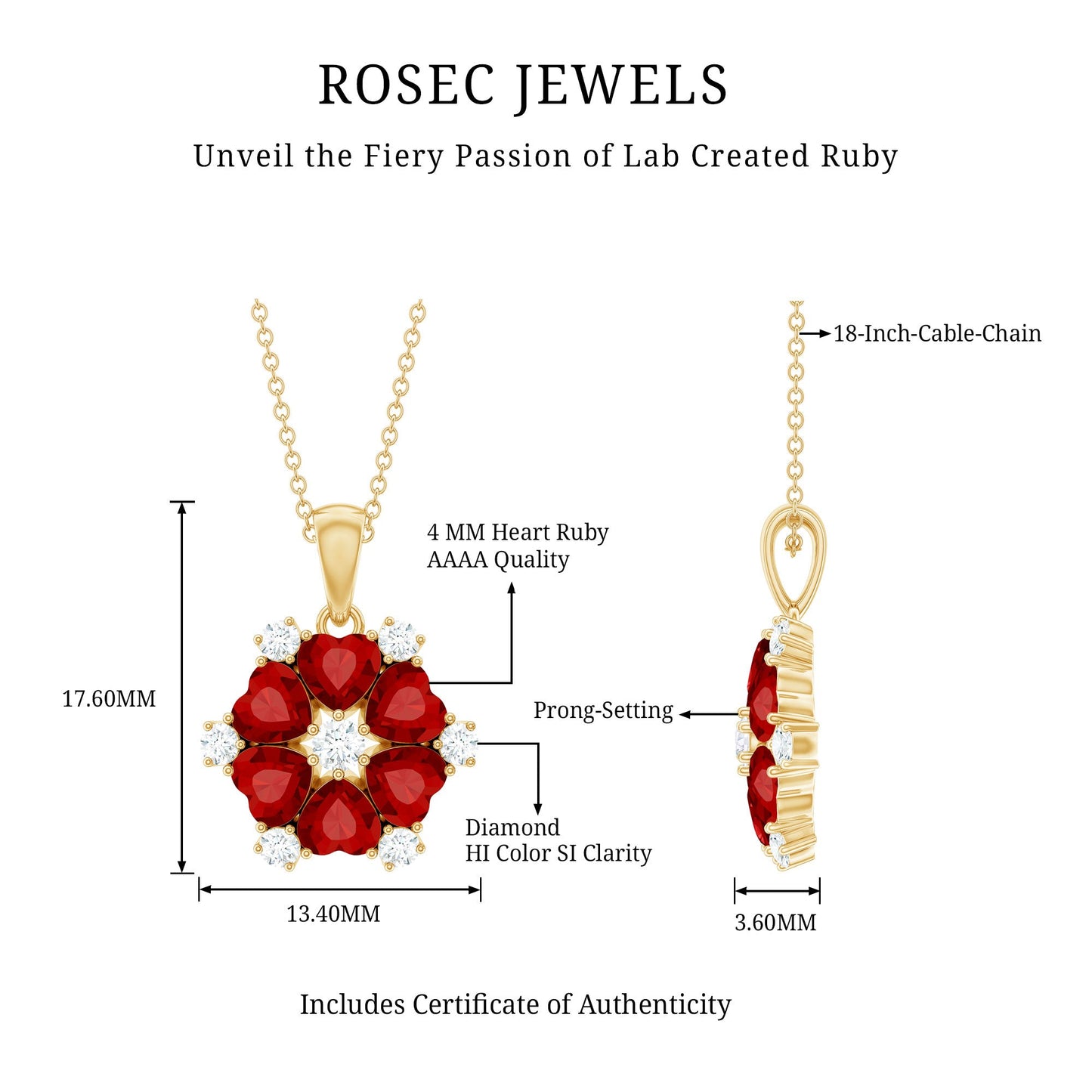 3 CT Heart Shape Created Ruby and Diamond Flower Pendant