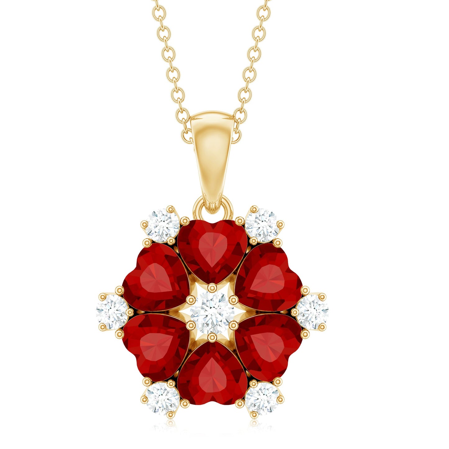 3 CT Heart Shape Created Ruby and Diamond Flower Pendant