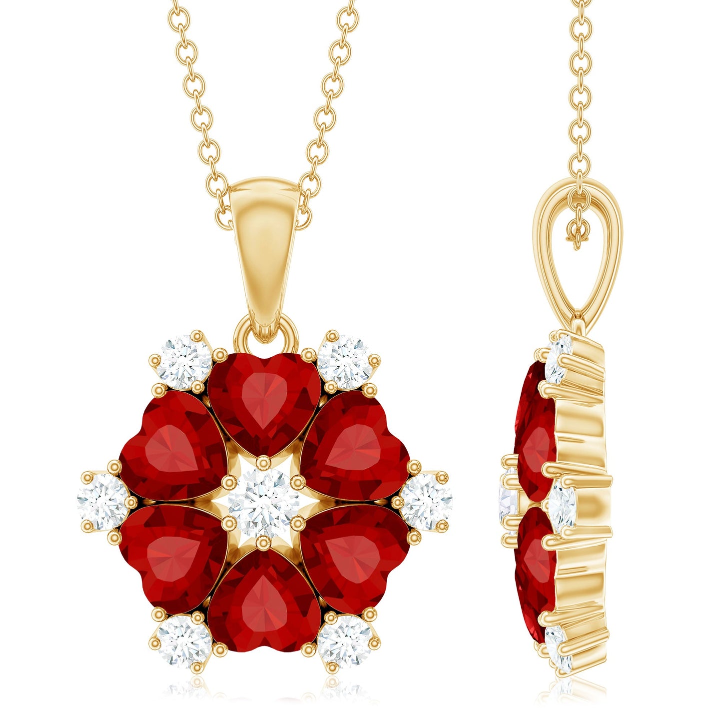 3 CT Heart Shape Created Ruby and Diamond Flower Pendant