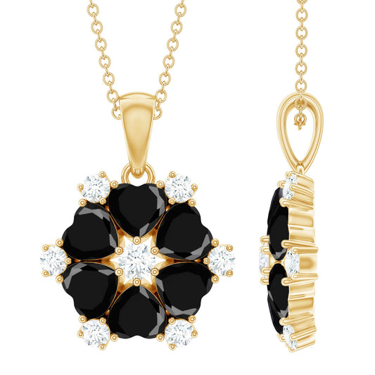 Natural Heart Shape Black Spinel Flower Pendant Necklace with Diamond