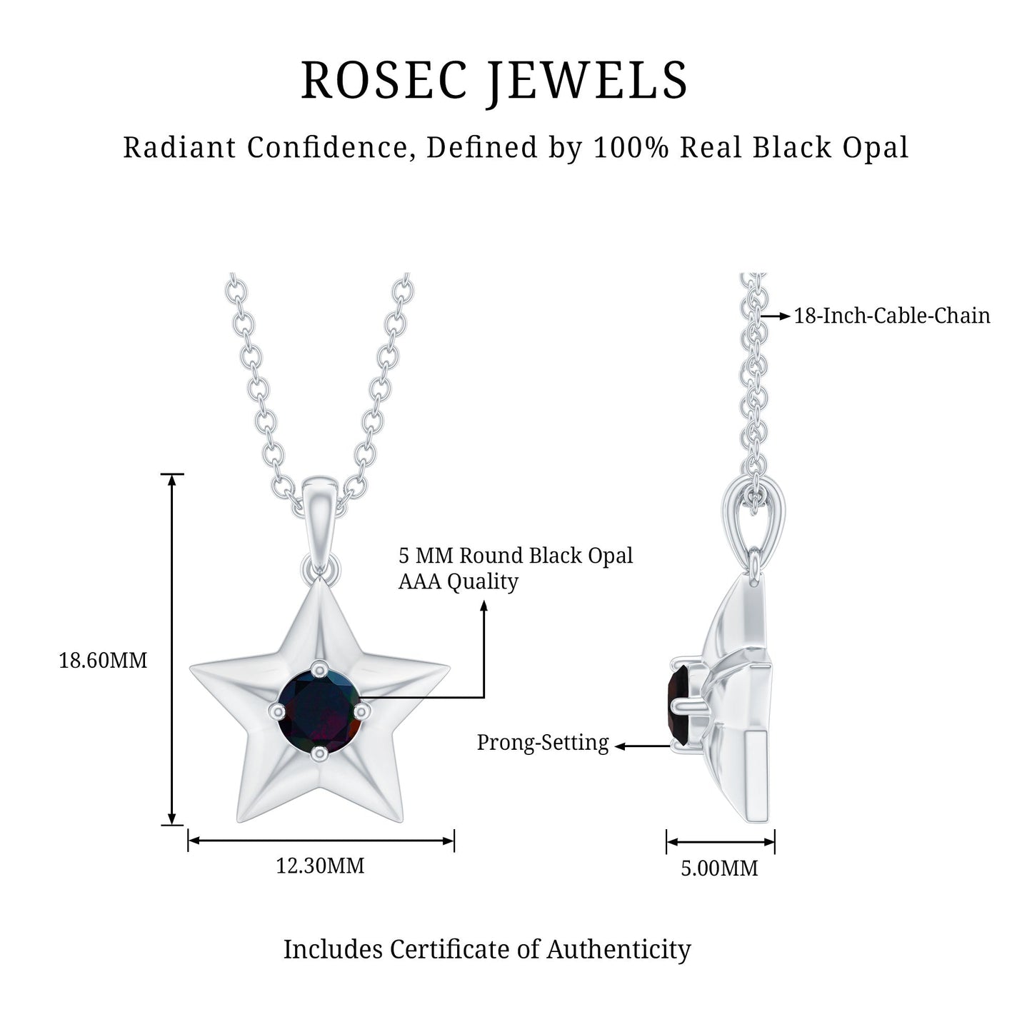 Real Half Carat Black Opal Star Pendant Necklace for Women