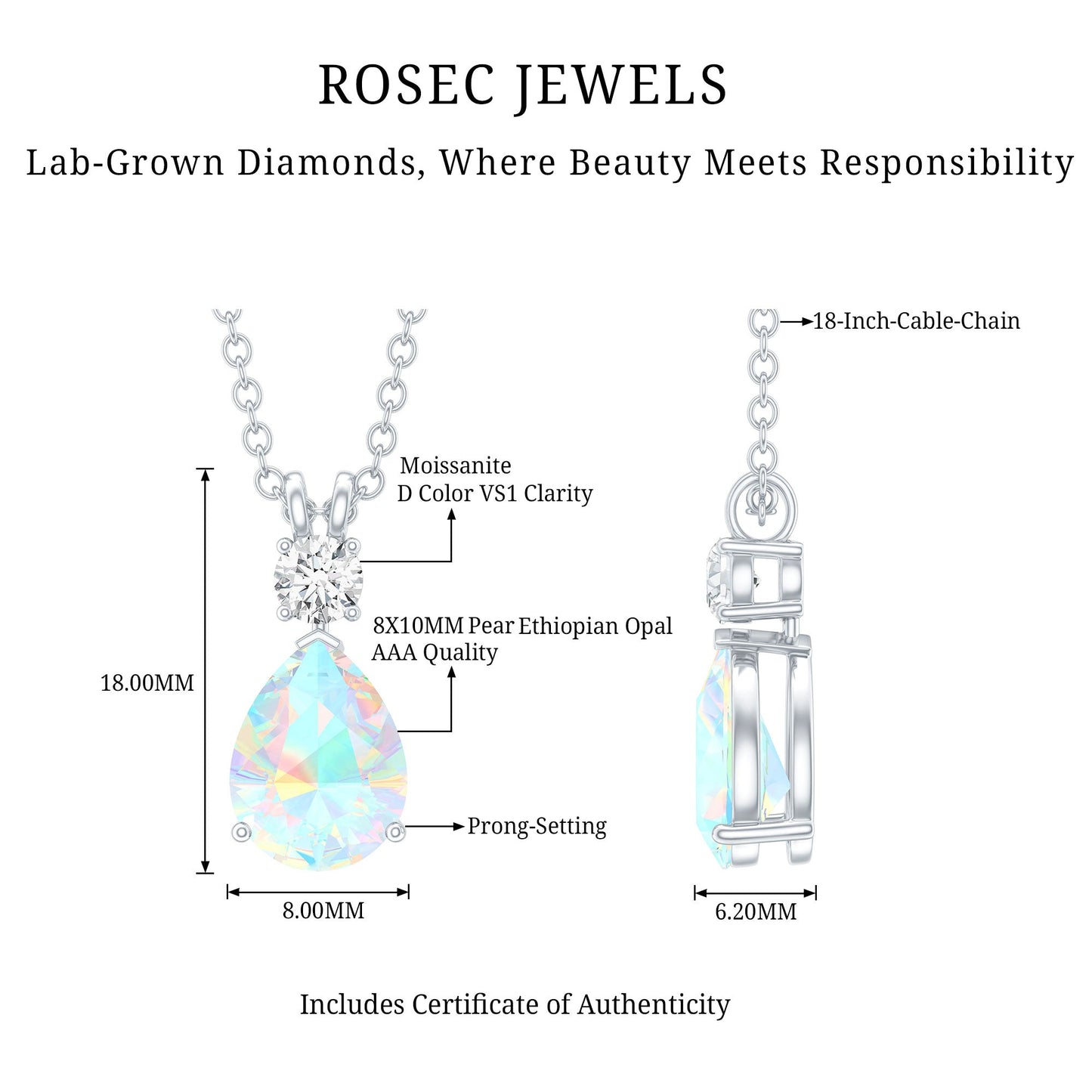 8X10MM Pear Shaped Rainbow Opal Teardrop Necklace with Moissanite