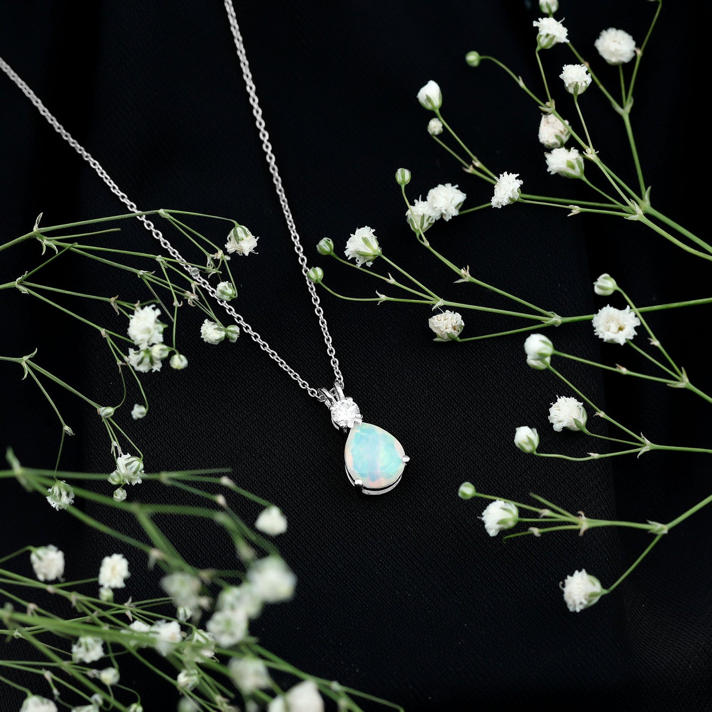 8X10MM Pear Shaped Rainbow Opal Teardrop Necklace with Moissanite