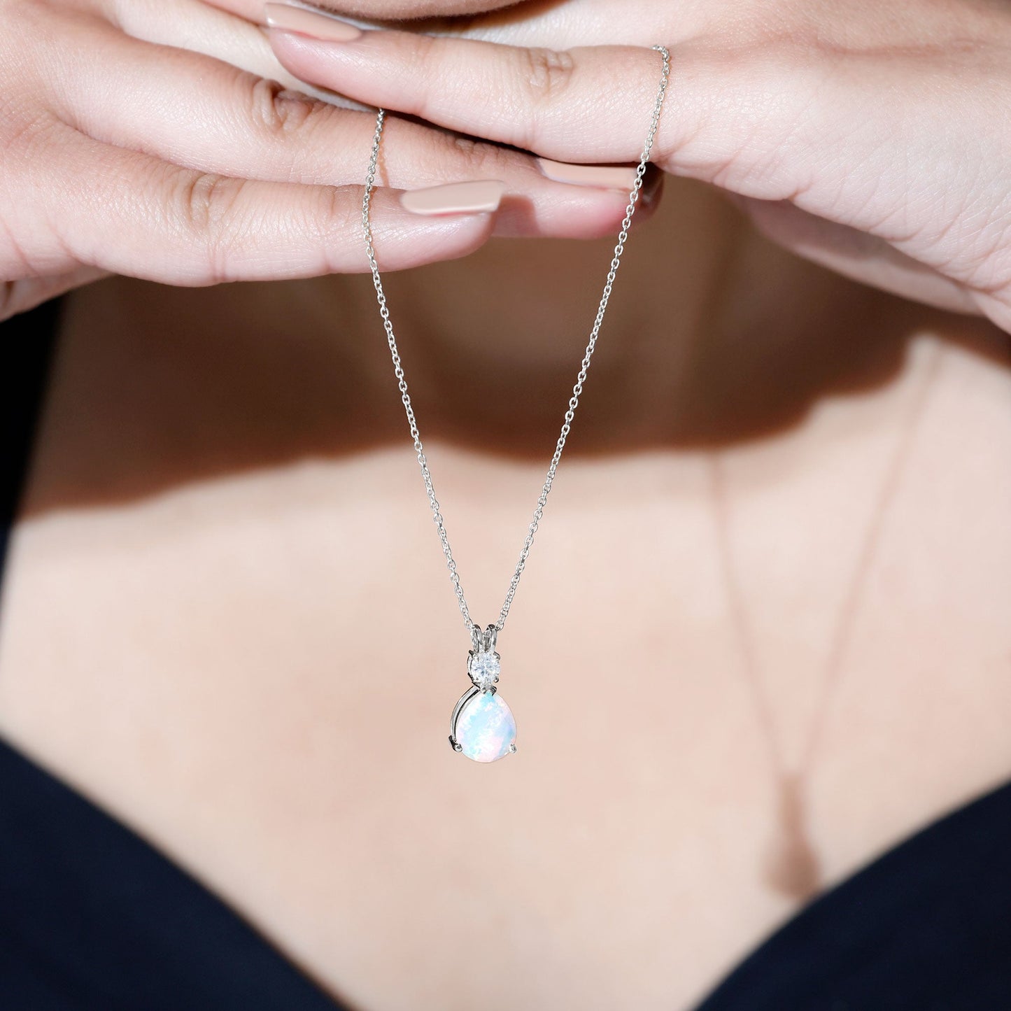 8X10MM Pear Shaped Rainbow Opal Teardrop Necklace with Moissanite