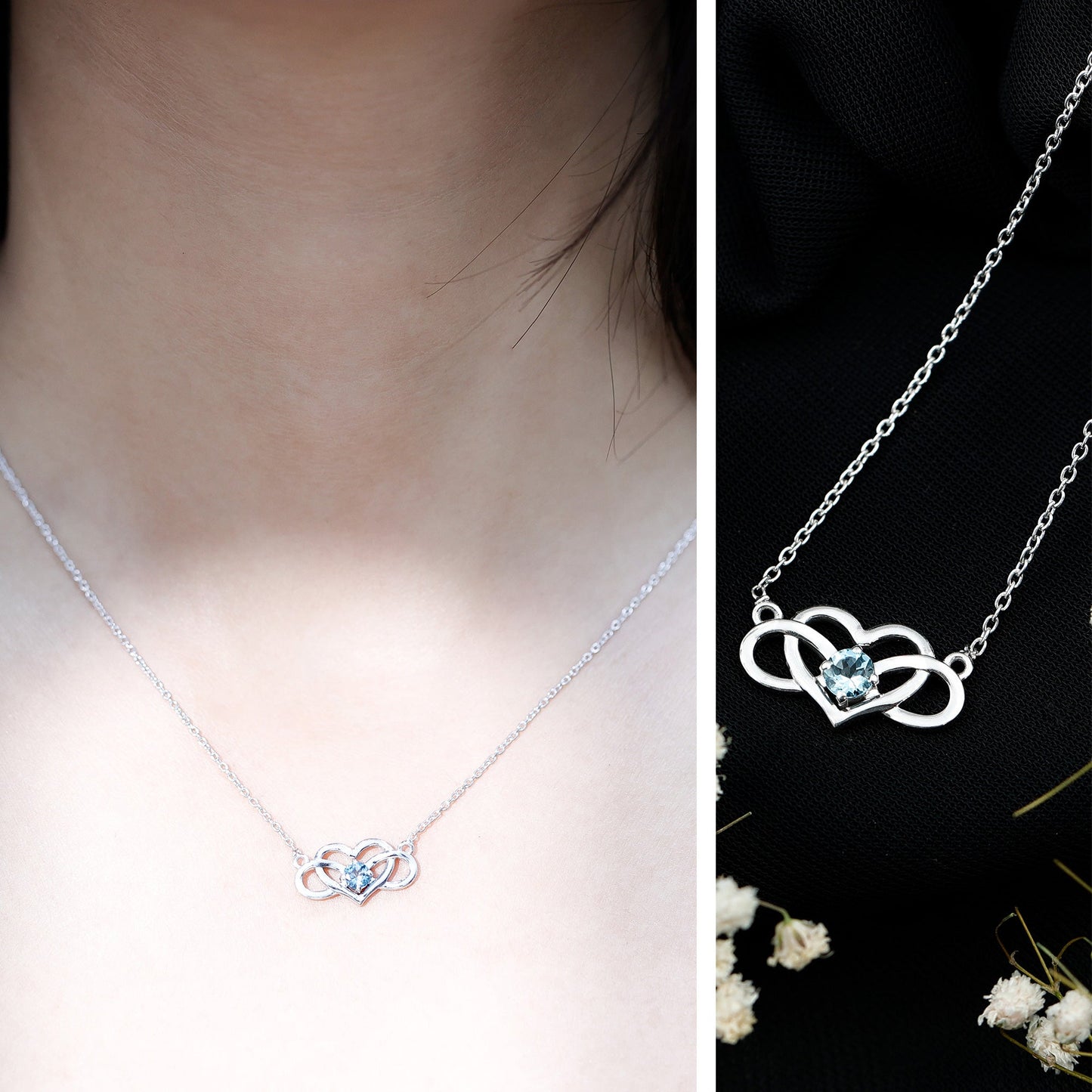 Certified Aquamarine Infinity and Heart Necklace