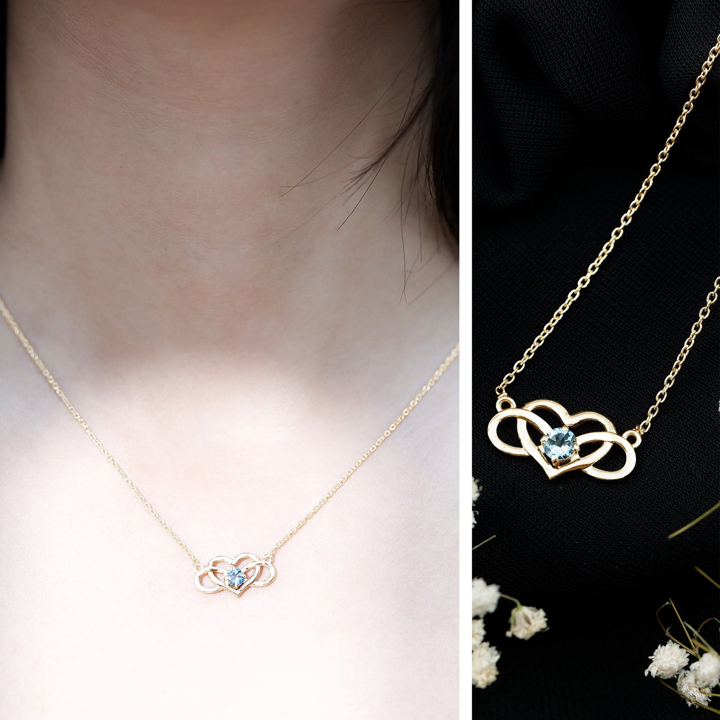 Certified Aquamarine Infinity and Heart Necklace