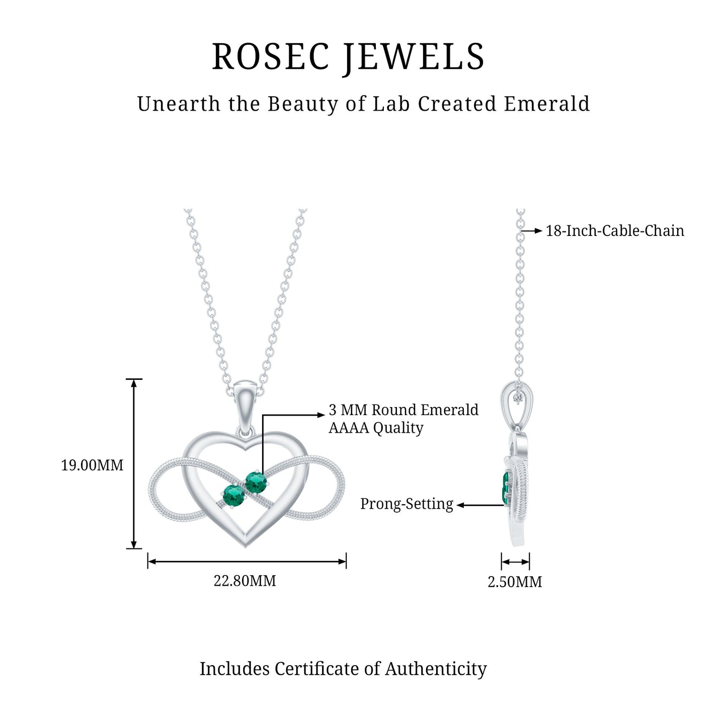 Lab Created Emerald Heart and Infinity Pendant Necklace