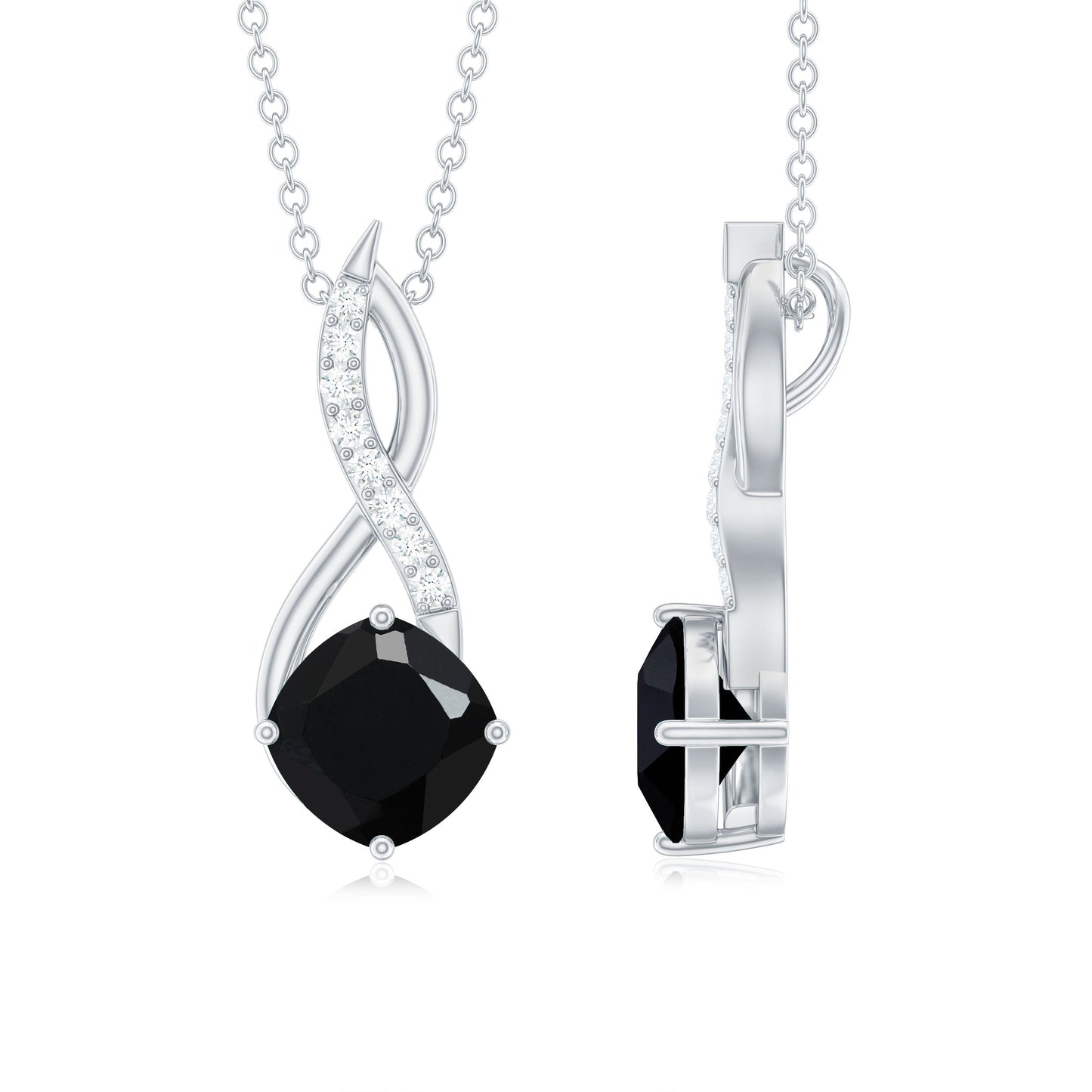 Cushion Cut Black Onyx Solitaire Infinity Necklace with Lab Diamond