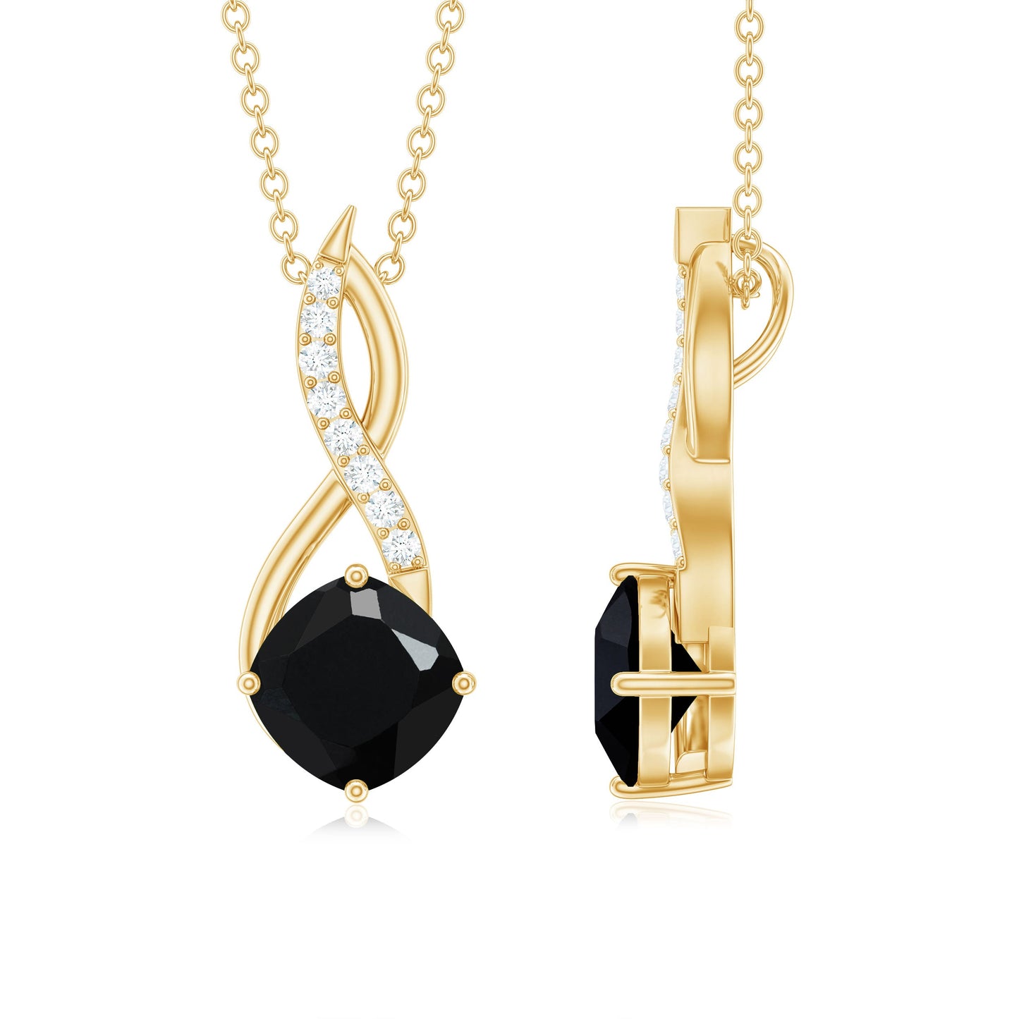 Cushion Cut Black Onyx Solitaire Infinity Necklace with Lab Diamond