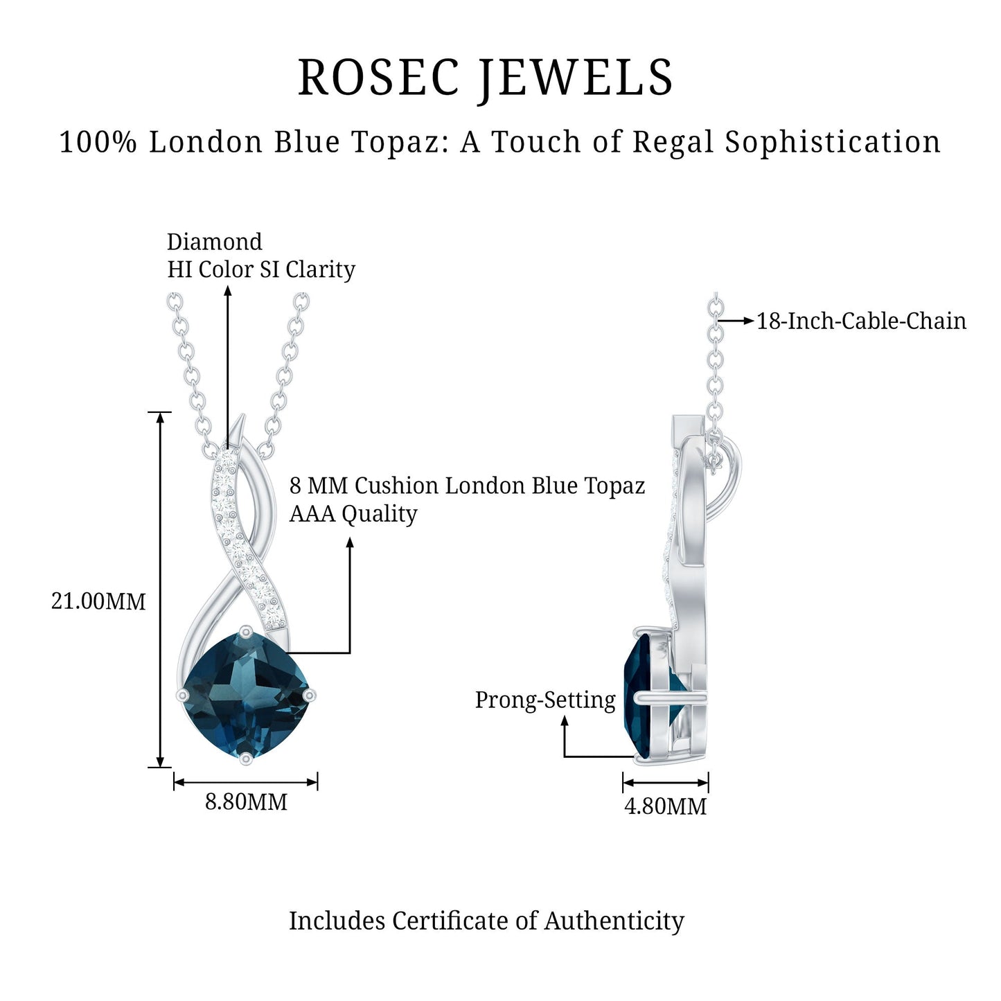 Cushion Cut London Blue Topaz Solitaire Infinity Pendant with Diamond