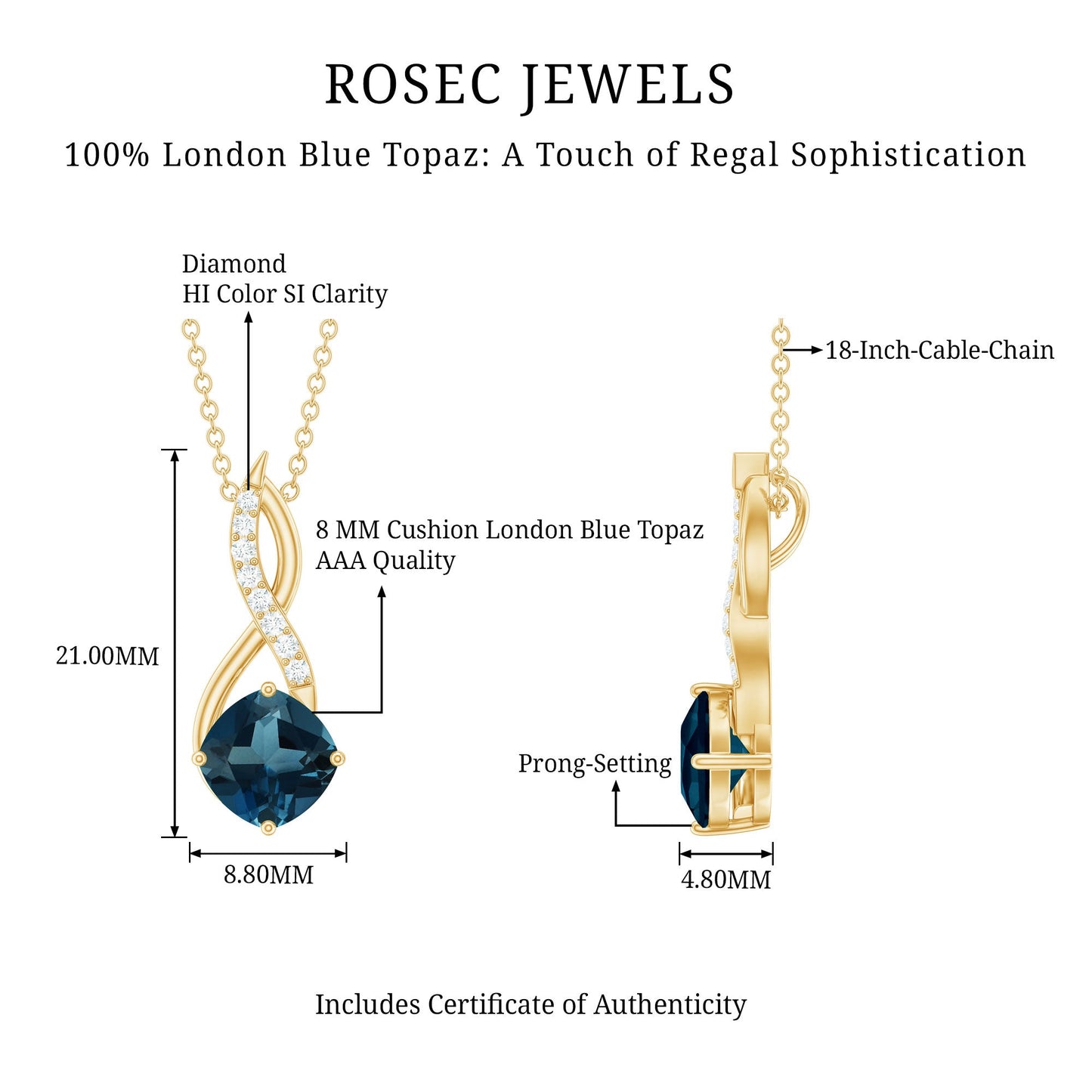 Cushion Cut London Blue Topaz Solitaire Infinity Pendant with Diamond