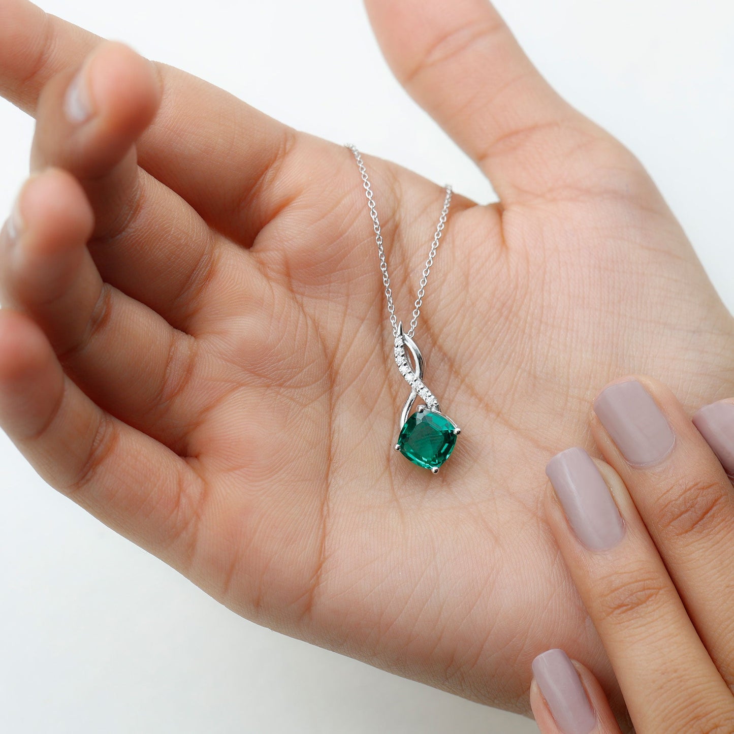 Cushion Cut 8MM Lab Created Emerald Infinity Necklace with Moissanite
