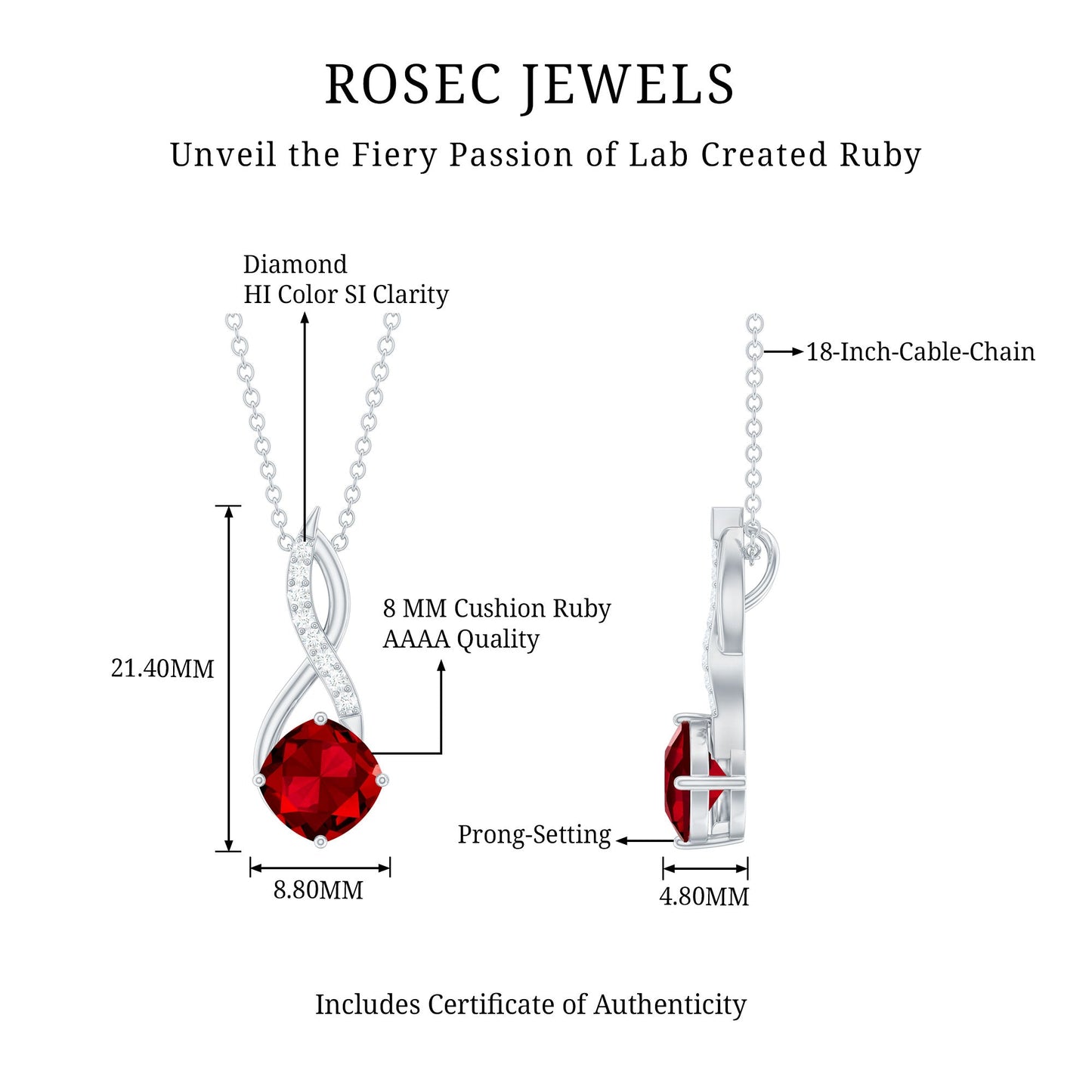 Cushion Cut Created Ruby Solitaire Infinity Pendant with Diamond