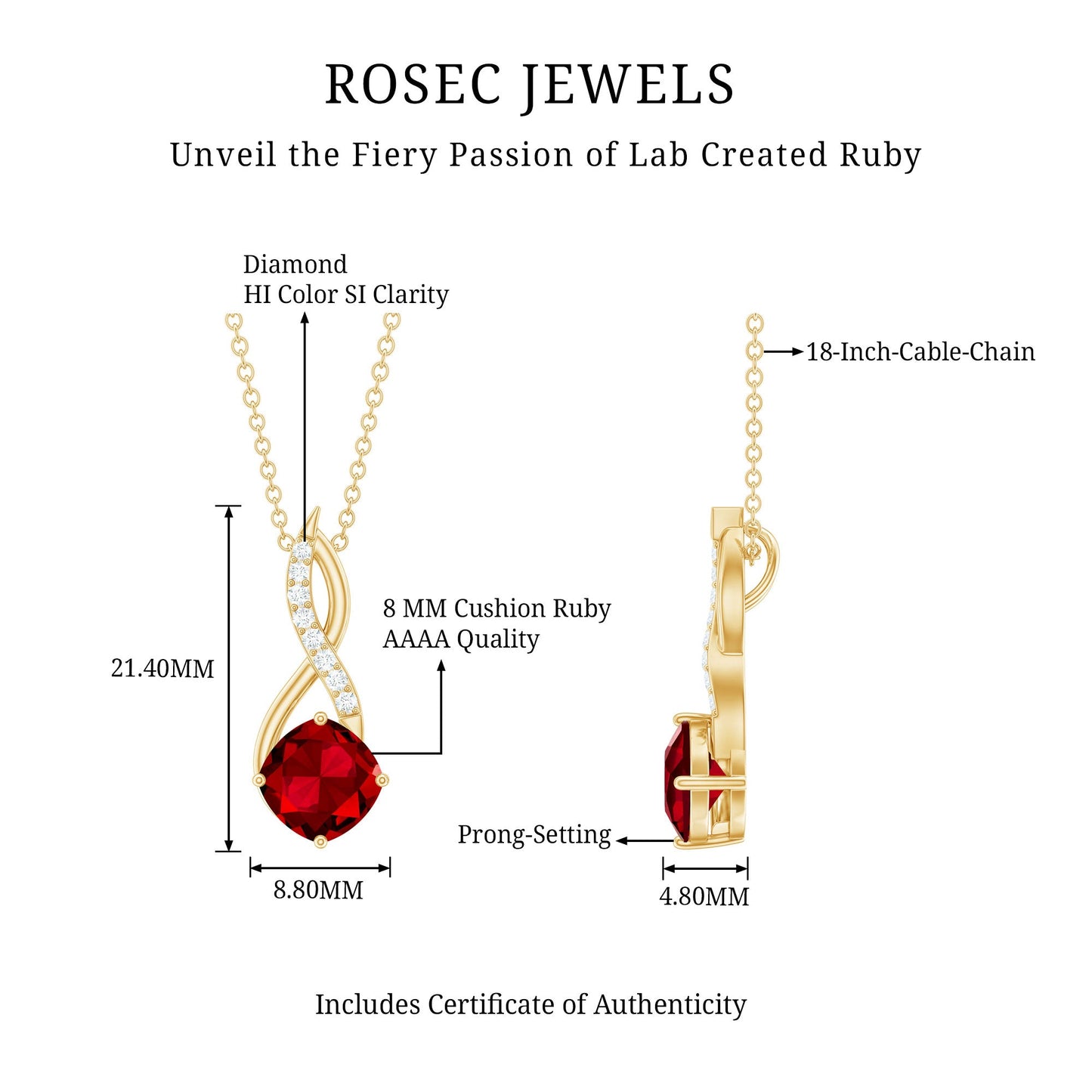 Cushion Cut Created Ruby Solitaire Infinity Pendant with Diamond
