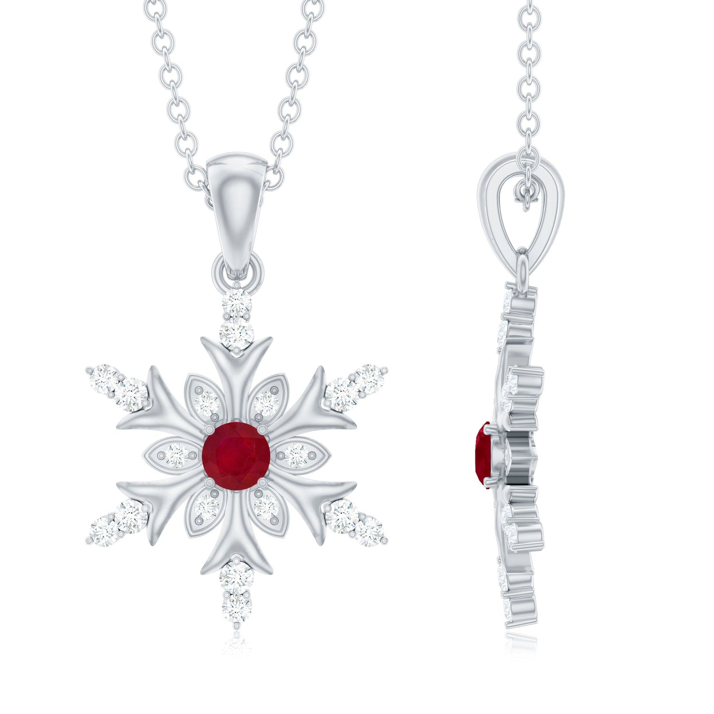 Natural Ruby and Diamond Snowflake Pendant Necklace