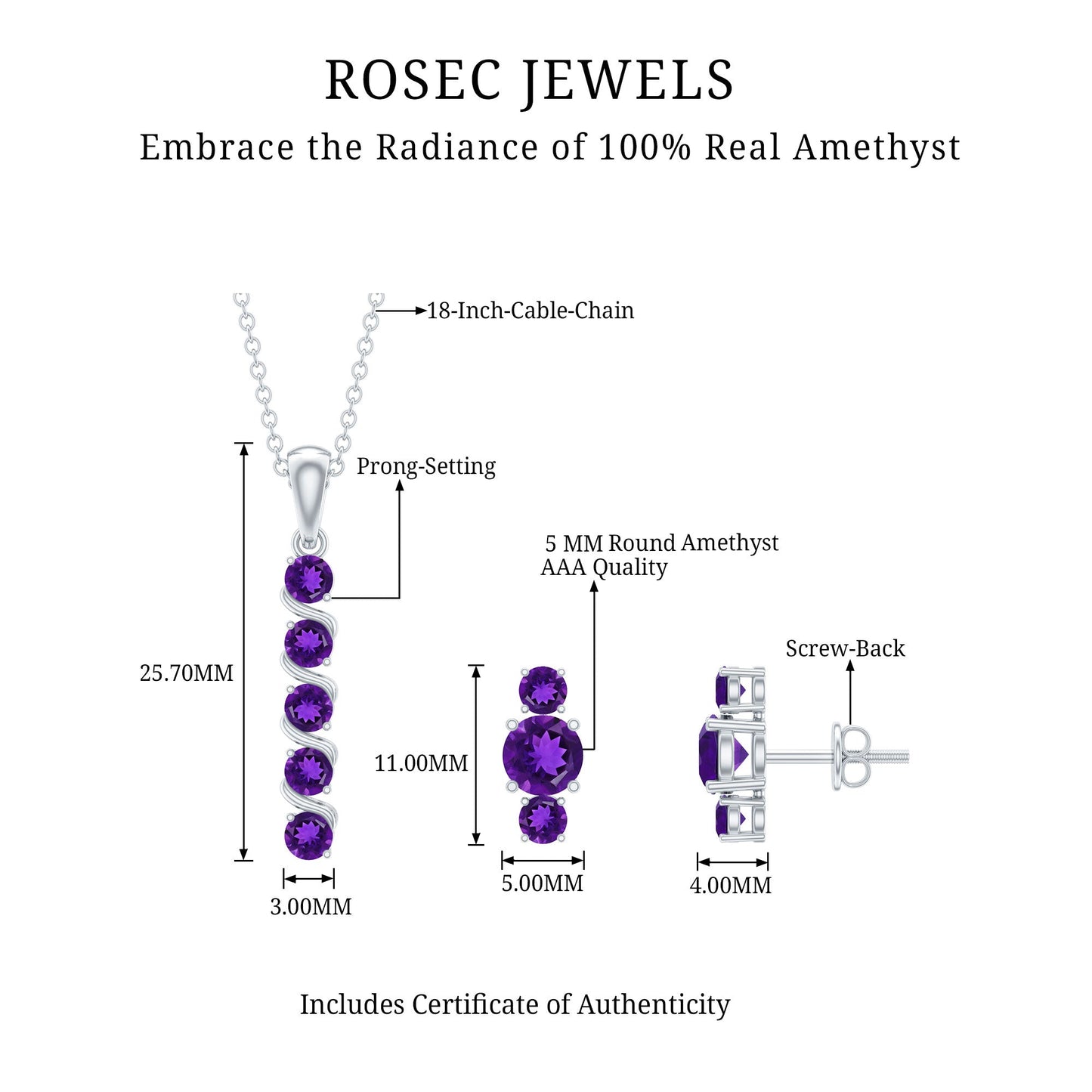 Genuine Amethyst Bar Necklace and Earring Set